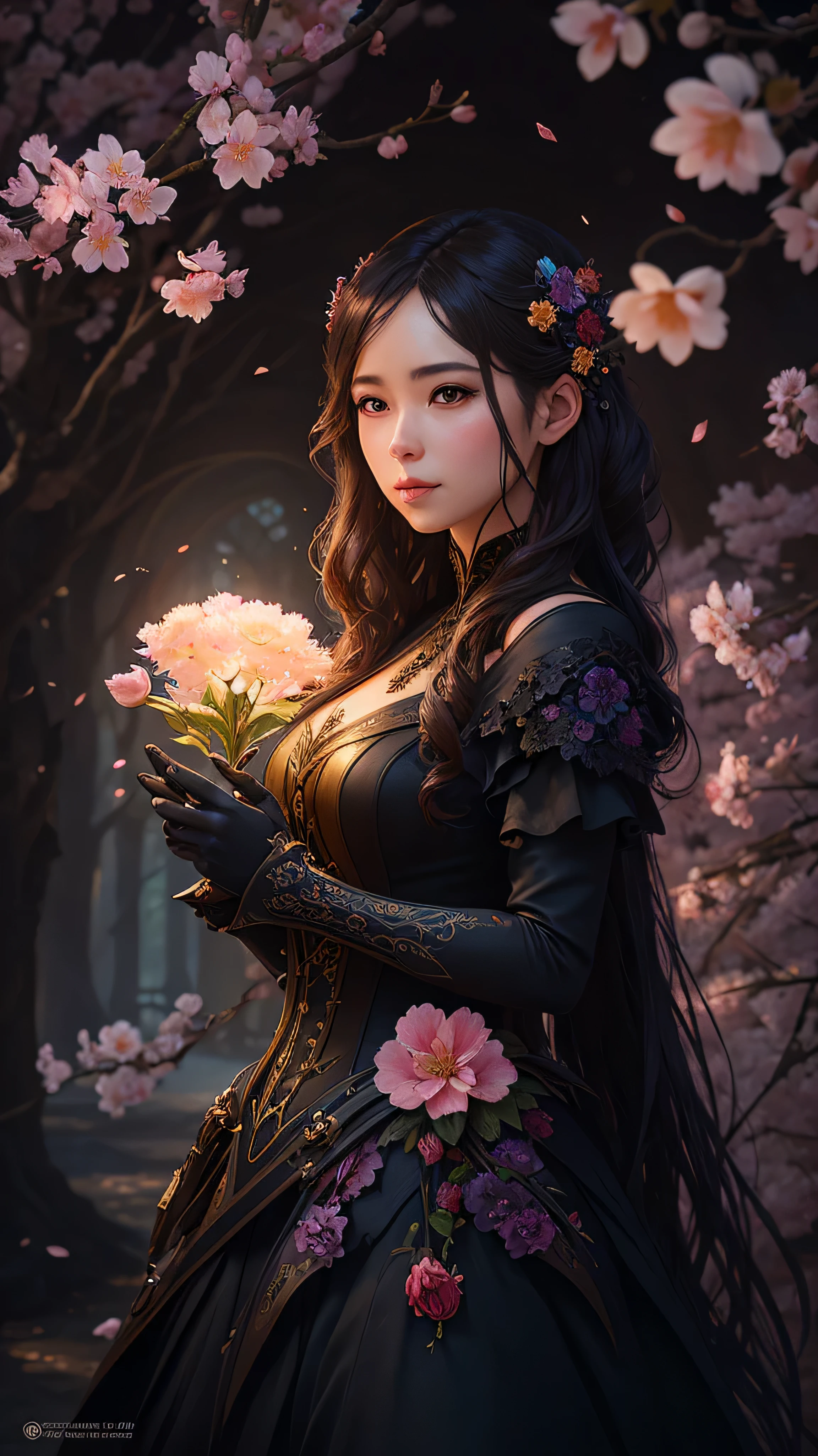 A flower by Kathy Weldon, Olga Kwasa, Miho Hirano, Ultra-detailed complex Gothic art trends on Artstation Ternary Color Unreal Engine 5 Detailed matte painting in Unreal Engine 5, brunet, Dreamlike, complexly detailed, Start screen, complementary colors, fantasy concept art, 8k resolution, A masterpiece of Gothic deviation art, (Dark lens: 0.9), art by Greg Rutkowski and Artgerm, Soft cinematic light, Adobe Lightroom, photolab, HDR, sophisticated, highlydetailed, lotus --auto --s2