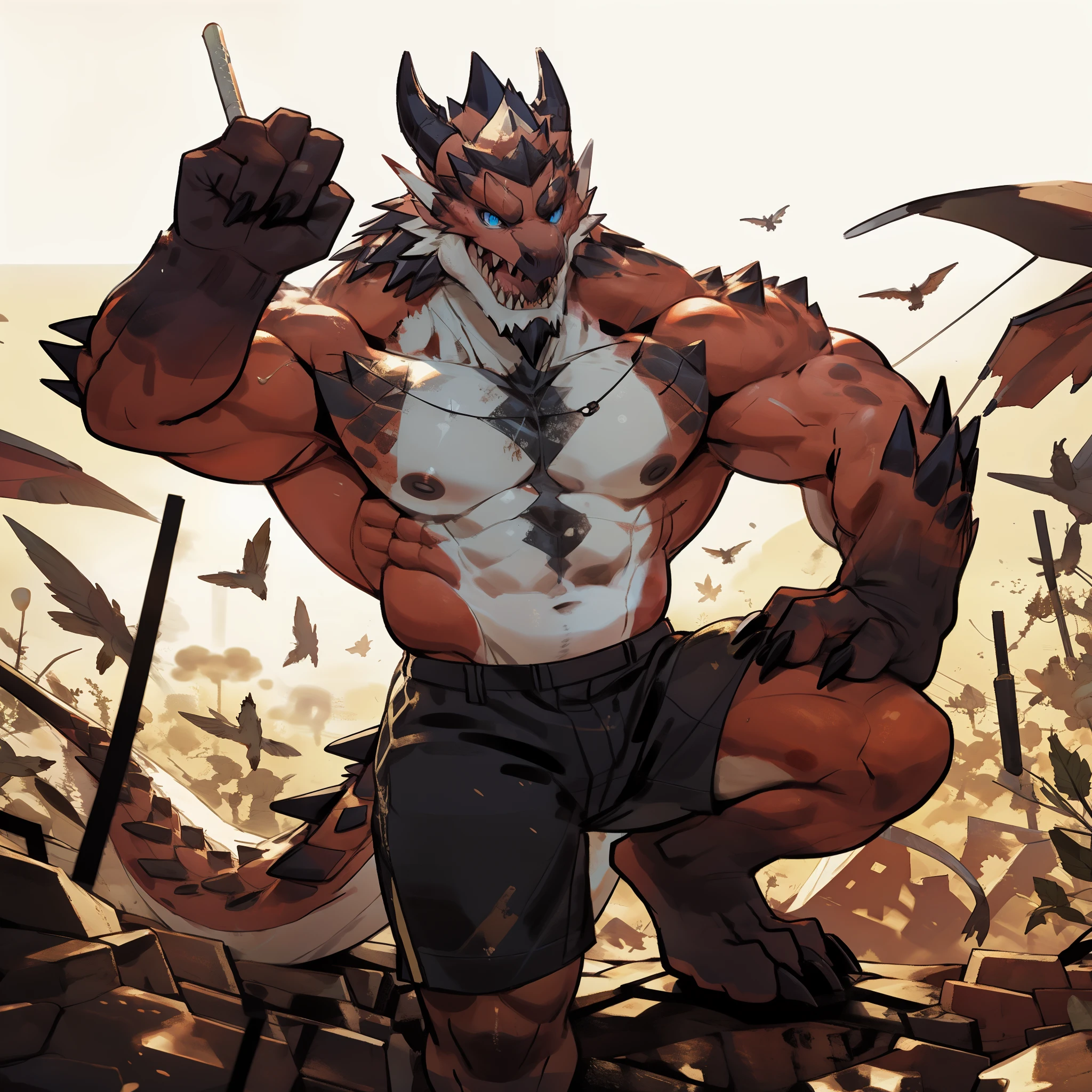 male, short neck, alone, wild, Ras Wyvern, fire dragon, Scully, blue eyes, paw, Tail, big Tail, peak, fangs, forest,Humanity,(cinnabar:1.2),Tail,,muscular, Detailed hands, sharp teeth, rod, nipple, shorts, whole body, deTailed eye, (by empty ghost,by raccoon21,masterpiece,high quality),
