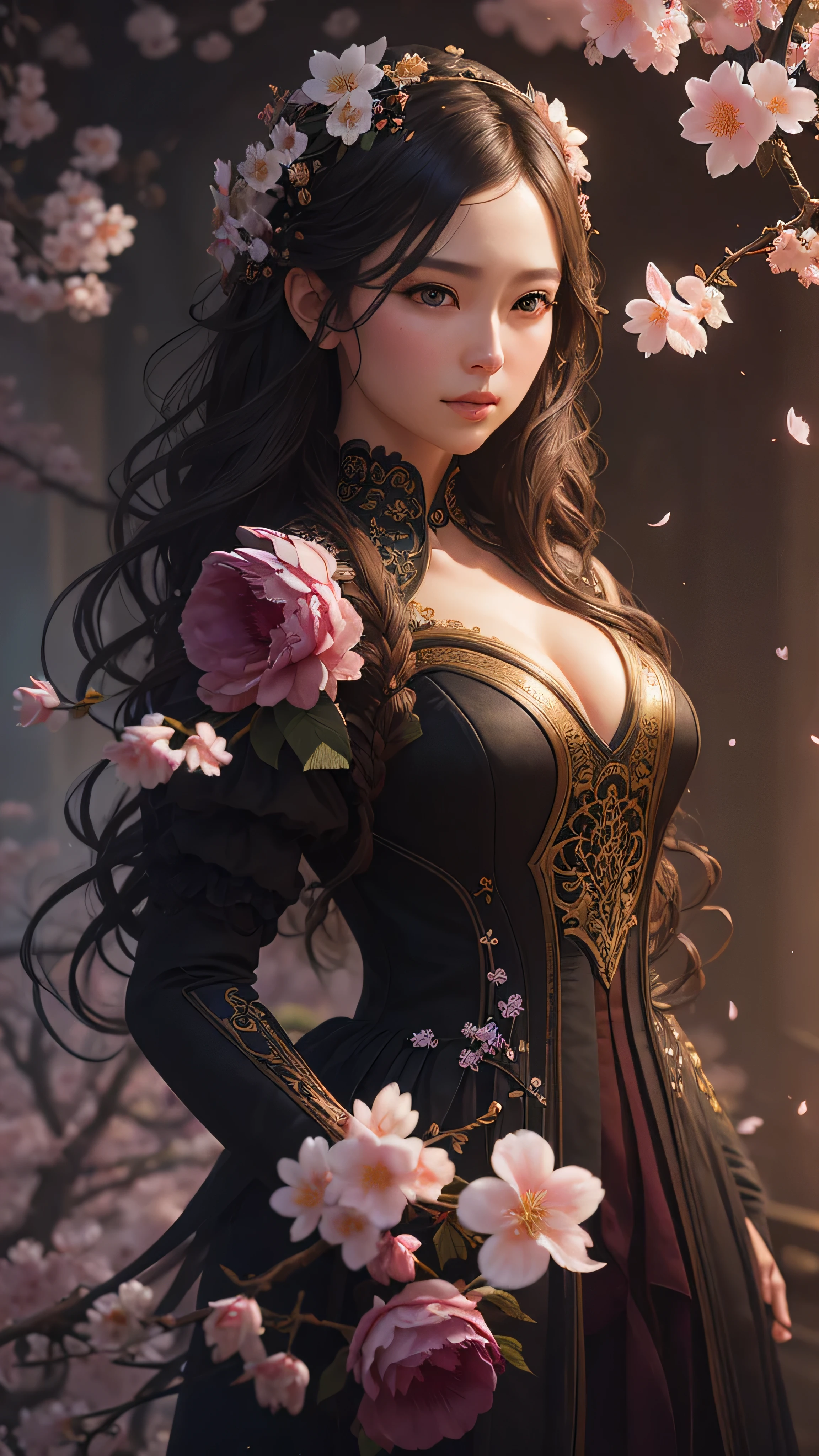 A Flower by Kathy Weldon, Olga Kvasa, Miho Hirano, hyperdetailed complicatedly detailed gothic art trending on Artstation triadic colors Unreal Engine 5 detailed matte painting, dark, extremely good, complicated detail, splash screen, complementary colors, fantasy concept art, 8K resolution, Gothic unusual art masterpiece, (dark shot:0.9), Greg Rutkoski (Greg Rutkoski) and artworks created by artgerm, soft light, Adobe Lightroom, photo studio, high dynamic range, complicated, Very detailed,   Cherry blossoms,