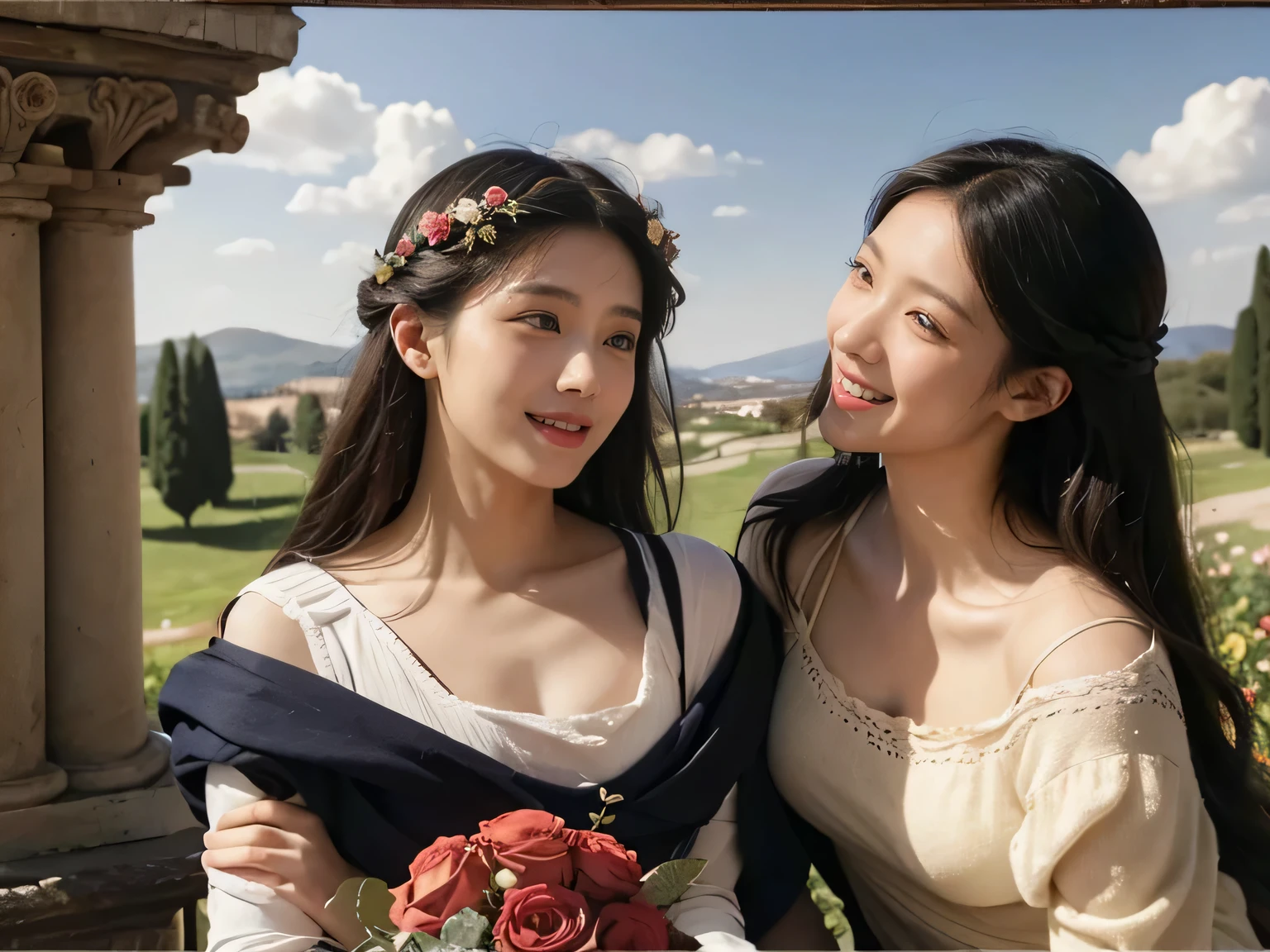 Giorgione painting style,Arguments of two female Philosophe,math、astronomical machine、astronaut、roses in vase、fruits、Cute trinkets、smile、ancient greek costume、Ancient Roman landscape in the style of Nicolas Poussin,laughter,,Sweet and seductive appearance.、Caravaggio's paintings、Chiaroscuro of Caravaggio、hair tousled by the wind,Two women frolicking,cute smile, expression of ecstasy,Sexy,erotic