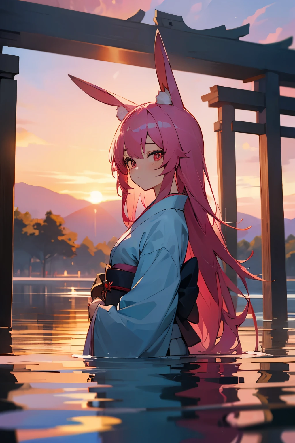 (((masterpiece, scenery, lake))), Japanese gate in lake, reflection, (((aesthetic))), 1girl, beautiful, ((light blue kimono)), (red eyes, vibrant pink long hair), tsundere, (bunny ears), (close-up angle), (((sunset))), baby blue flowers in background, girl looking at viewer, more_details:-1, more_details:0, more_details:0.5, more_details:1, more_details:1.5,