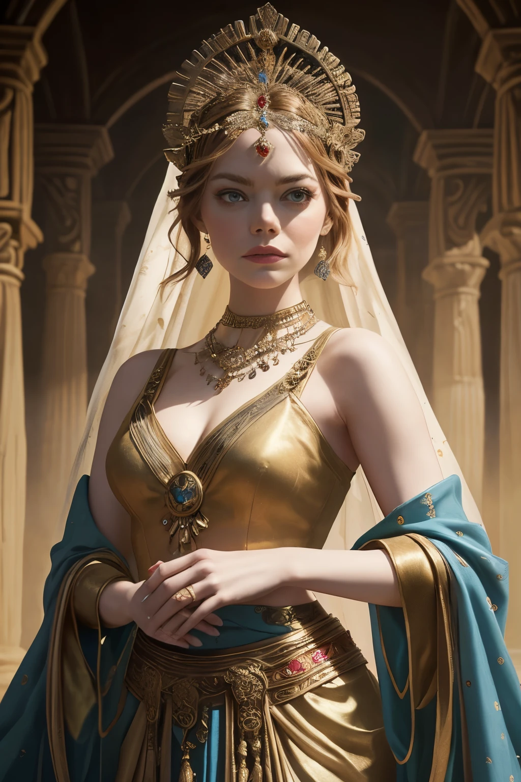 "Generate an AI-powered artwork that envisions Emma Stone as a mythical figure drawn from the tapestry of ancient mythology. Picture her draped in ethereal attire, infused with symbols and motifs inspired by legendary tales. Capture the essence of a modern-day goddess or mythical heroine, embodying strength, wisdom, and beauty. Integrate elements from various mythological traditions, allowing Emma Stone's portrayal to transcend time and culture. Set the scene against a backdrop that echoes the mystique of ancient legends, with subtle nods to the rich narratives of mythology. Employ a color palette that harmonizes with the divine, creating a visual masterpiece that blends the timeless allure of Emma Stone with the magic of mythical tales."