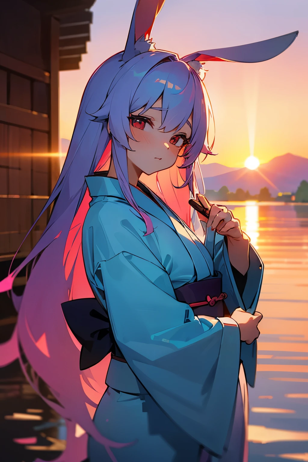 (((masterpiece, scenery, lake))), Japanese gate in lake, reflection, (((aesthetic))), 1girl, beautiful, ((light blue kimono)), (red eyes, vibrant pink long hair), tsundere, (bunny ears), (close-up angle), (((sunset))), baby blue flowers in background, girl looking at viewer, more_details:-1, more_details:0, more_details:0.5, more_details:1, more_details:1.5,