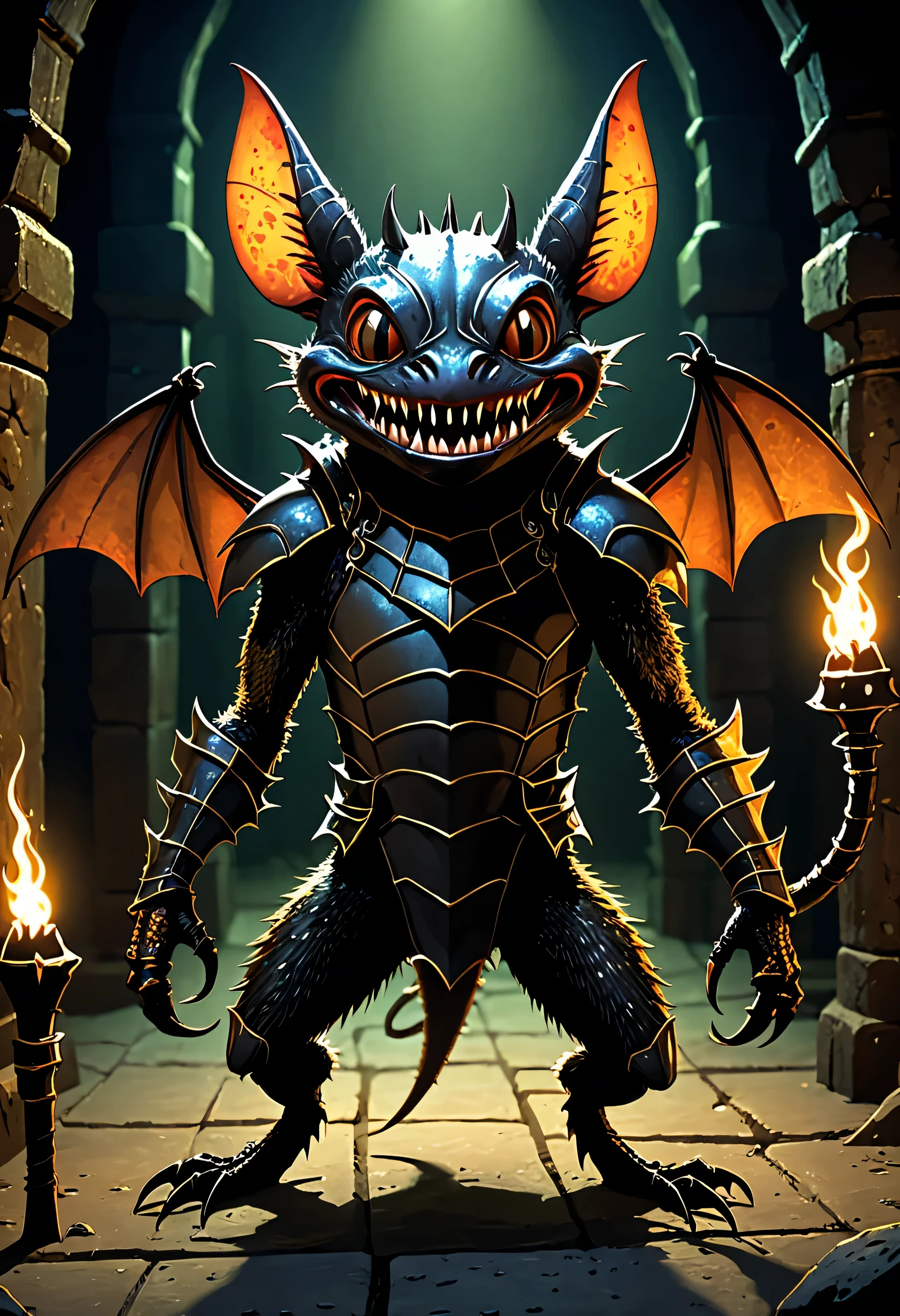horror-themed big ferocious fantasy sleek rodent organism, grimacing evin grin, quadrumanual, four-fingered hands, short-tailed, luminescent skin, bat-like ears, crab like spiked armor skin, in an ancient dungeon, dim torch lighting, sharp focus, . eerie, unsettling, dark, spooky, suspenseful, grim, highly detailed,