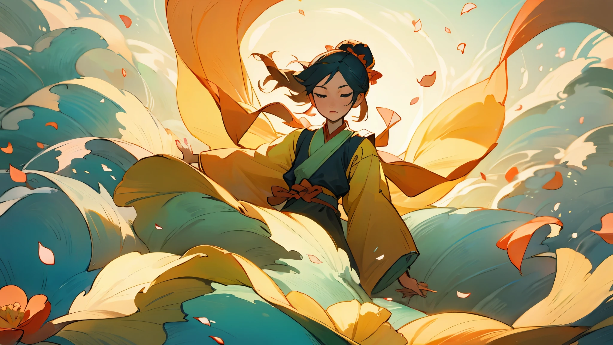 sea,Flower petals floating on the waves,Dunhuang fairy,long sleeves,best quality,Fantastic scenes,魔幻的sea