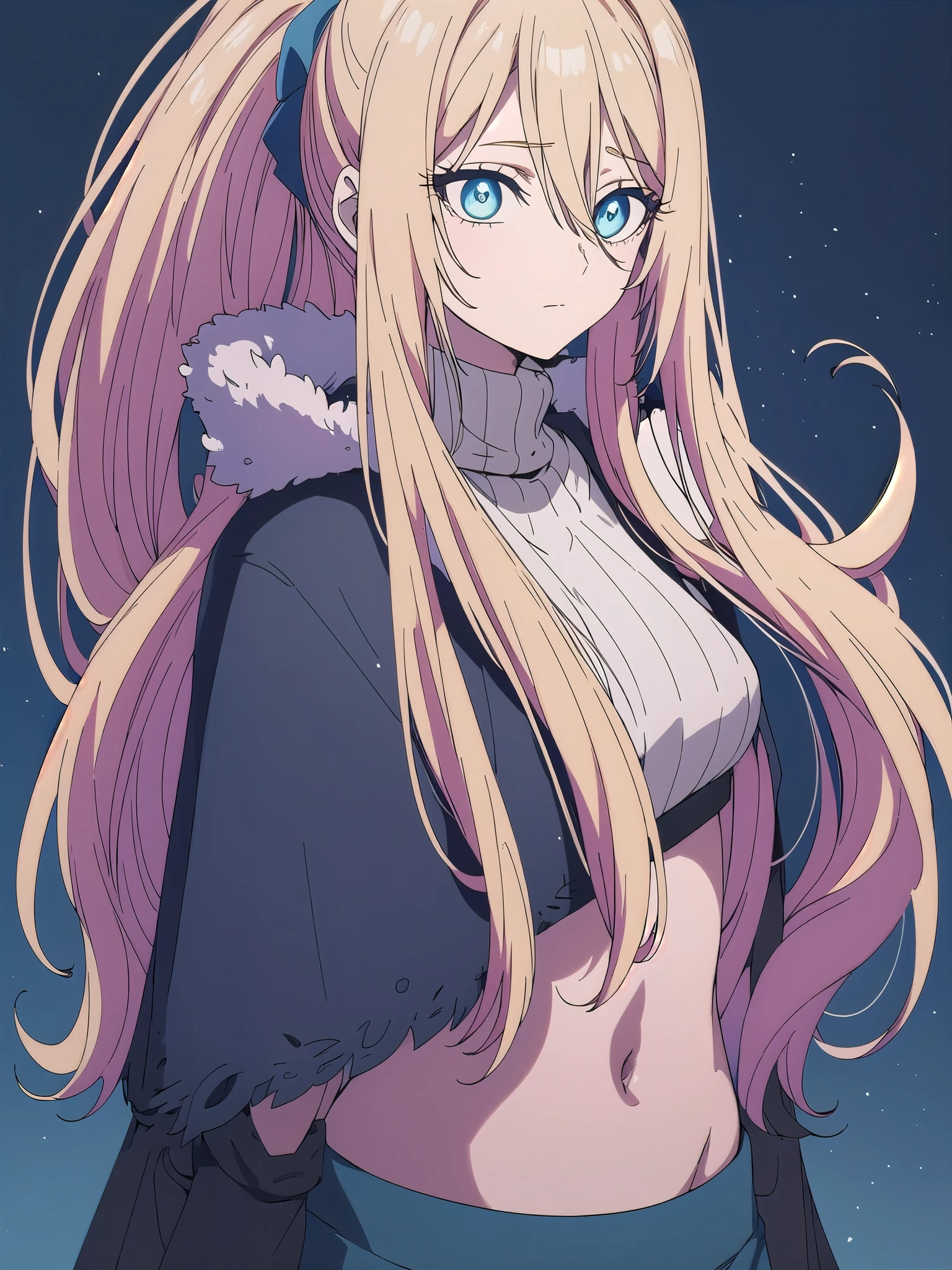 blue coat, fur trim cape, gloves,belly button,crop top, sweater, turtleneck, midi skirt hair ornament, bangs, blonde hair,hair between eyes,blue eyes,long hair,high ponytail,, long hair, blue eyes, hair between eyes, break skirt, shirt,brick background, destroy bedroom (masterpiece:1.2), highest quality, High resolution, unity 8k wallpaper, (figure:0.8), (detailed and beautiful eyes:1.6), highly detailed face, perfect lighting, Very detailed CG, (perfect hands, perfect anatomy)