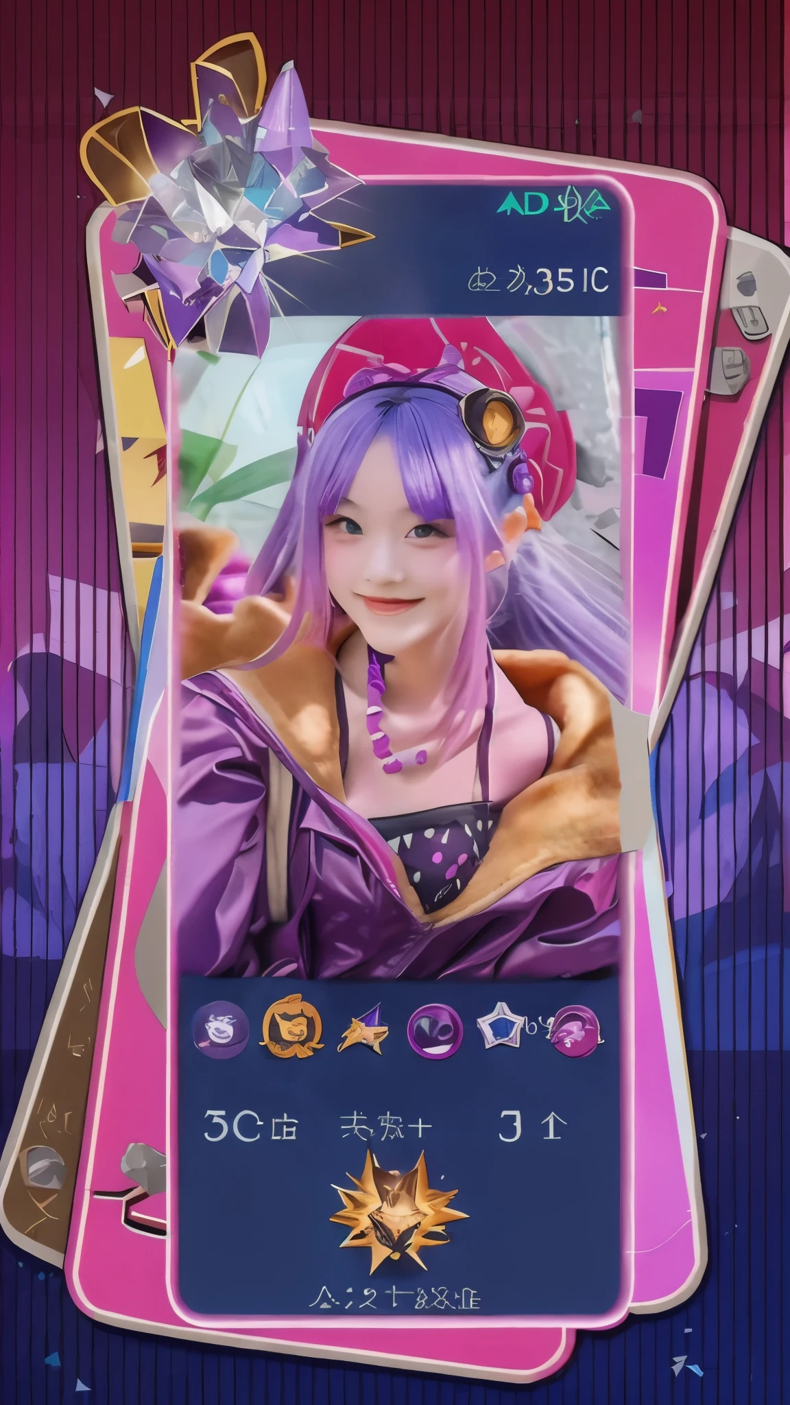 a close up of a card with a girl in a purple outfit, kda, clean artstyle, extremely detailed artgerm,