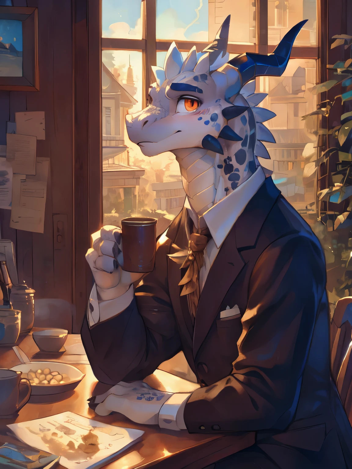 ((by itagaki_paru, by kenket, Ross Tran, ruan jia, zaush, foxovh, by Zackary911, by hyattlen, by teranen, by fumiko, by Pixelsketcher, by Bayard Wu, by Thomas Benjamin Kennington, by Einshelm, by Kilinah, by Coffeesoda, by Hioshiru, by fluff-kevlar, by r-mk, by Dimwitdog,By chelodoy, by zaush, by bebebebebe, by spuydjeks, by meesh, by bigcozyorca)), solo female,looking at viewer, soft light, ((best quality)), ((masterpiece)), (detailed),argonian,white skin,white scales,(scales:1.2),white scales,tail, horns,black horns,(snout, animal nose:1.1), blush, (looking at viewer:1.1), cowboy shot,  captivating pose, mansion, Detailed eye lashes,butler suit,white body,white scales,white,no ears,furry, furry body, furry scalie,orange eyes,glowing eyes,looking at viewer,