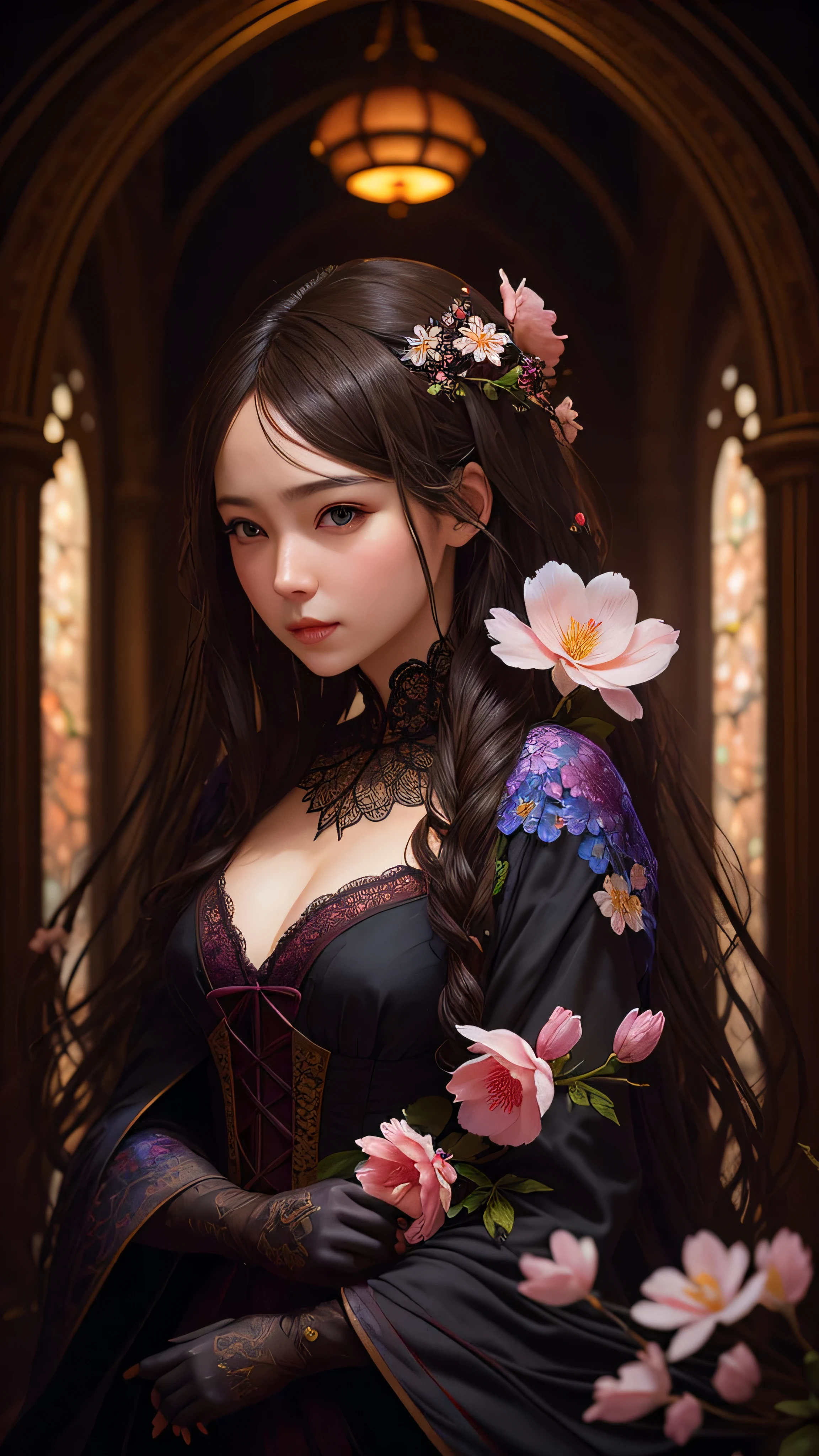 A Flower by Kathy Weldon, Olga Kvasa, Miho Hirano, hyperdetailed complicatedly detailed gothic art trending on Artstation triadic colors Unreal Engine 5 detailed matte painting, dark, extremely good, complicated detail, splash screen, complementary colors, fantasy concept art, 8K resolution, Gothic unusual art masterpiece, (dark shot:0.9), Greg Rutkoski (Greg Rutkoski) and artworks created by artgerm, soft light, Adobe Lightroom, photo studio, high dynamic range, complicated, Very detailed, Cherry blossoms,