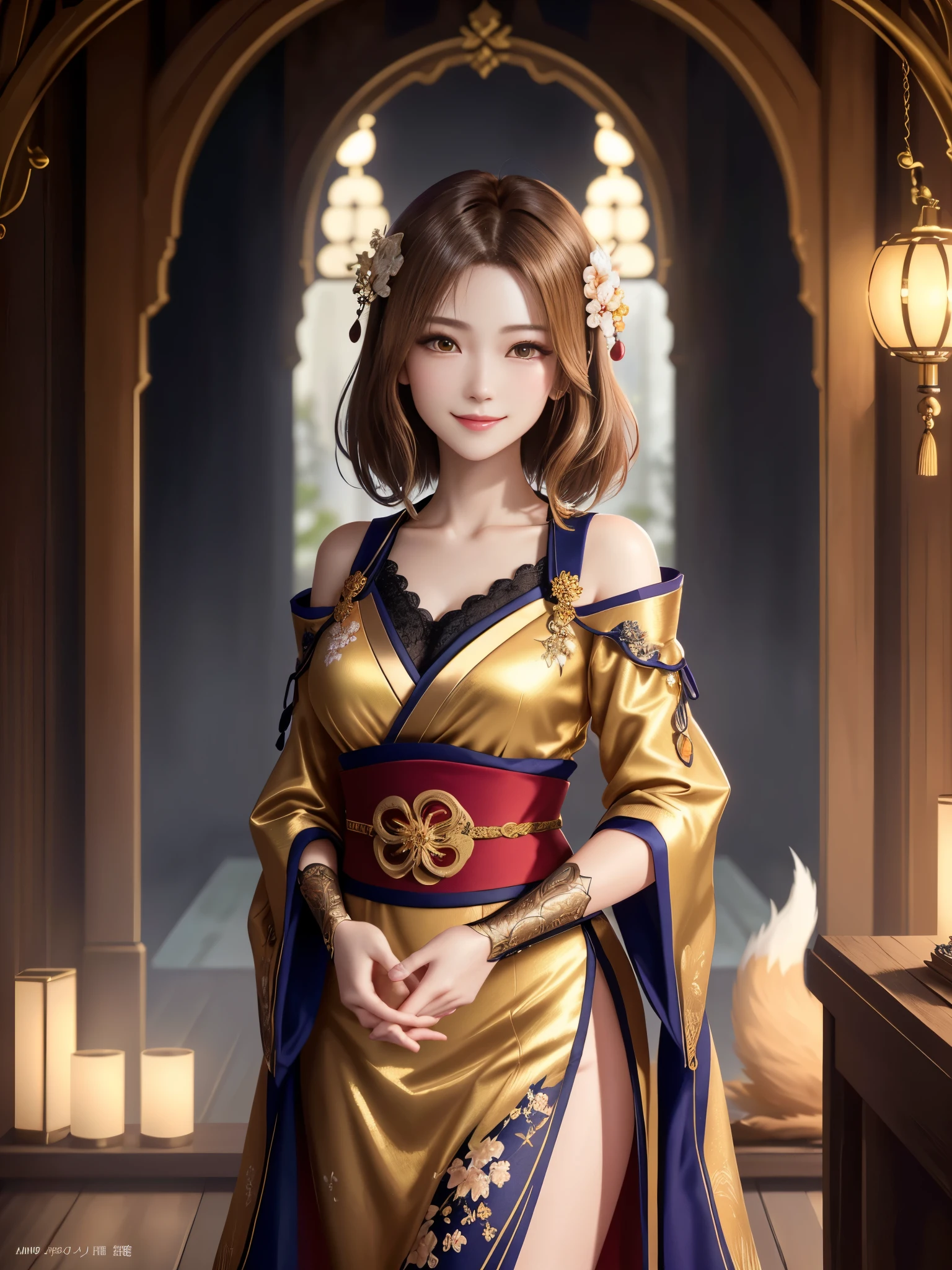 masterpiece , best quality,smile,smile,small face,shoulder exposure,golden kimono,less cleavage exposure,light brown hair,beautifully curled hair,slender body shape,brown eyes,Contrast faithfully reproduced,short hair,Beautiful short hair,Berry Short,short cut hair,just one person,precision quality,A faithful reproduction of the human eye, The surroundings are shining gold,golden aura around the body,golden shining background,masterpiece,night,nightの背景,golden background,cherry blossom background,beautiful details, colorful, delicate details, delicate lips, intricate details, genuine, ultrargenuineista, 枝に座っている色とりどりの髪のFoxを持つ女の子:Mature, bright eyes, ,色とりどりのFox, raposa de nine tails, 三尾Fox, 三尾Fox, onmyoji detail art, beautiful fine art illustration, mythical creatures, Fox, beautiful digital art,shrine maiden,hold hands,exquisite digital illustration, mizutsune, Inspired by mythical wild web creatures, pixiv in digital art, shining light, high contrast, Mysterious,