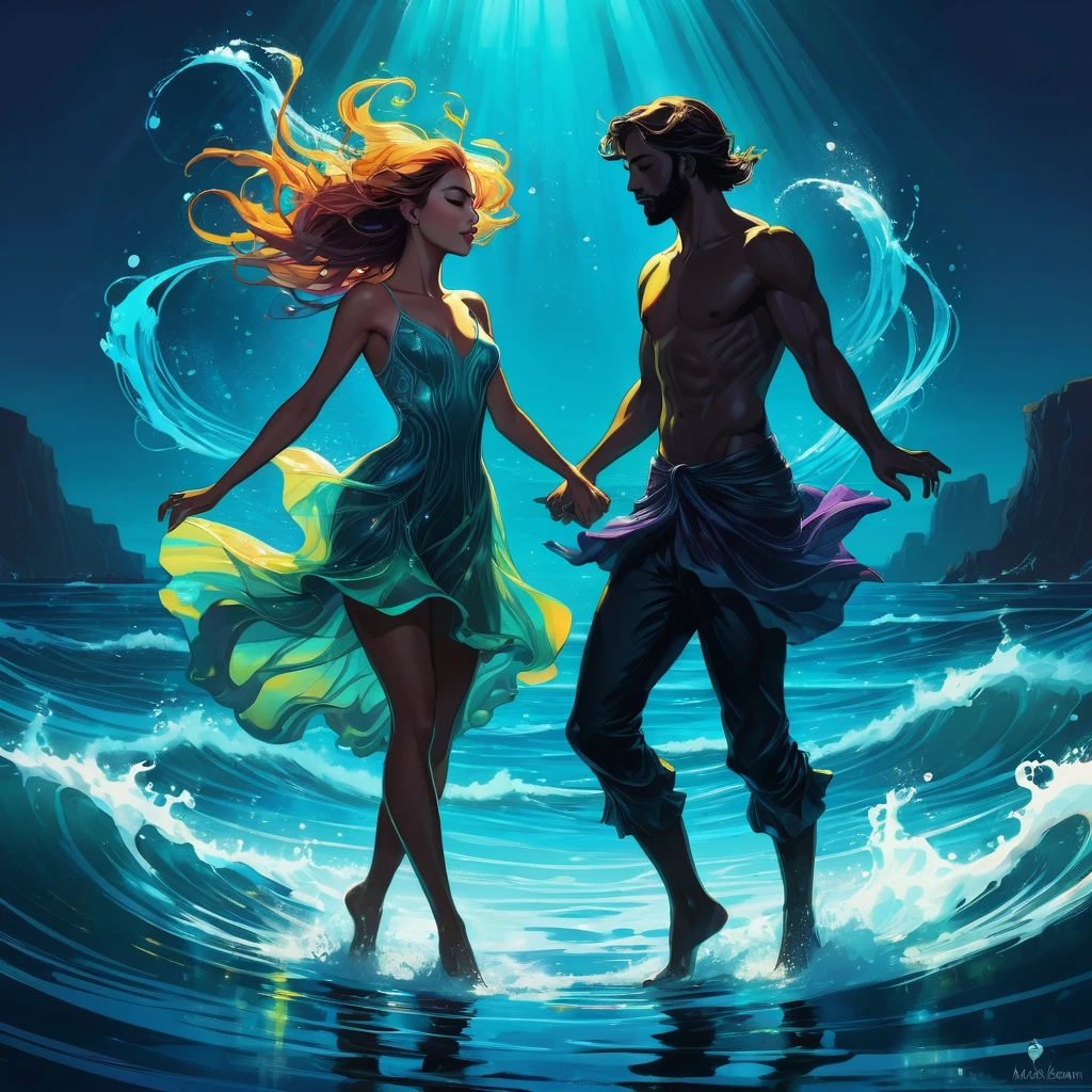 People Dancing on the Sea Surface, aesthetic, extremely detailed, People Dancing on the Sea Surface, Bioluminescent, in the Style of Artgerm and Charlie Bowater and Atey Ghailan and Mike Mignola, vibrant colors and hard shadows and strong rim light, Comic Cover Art, plain background, trending on artstation
