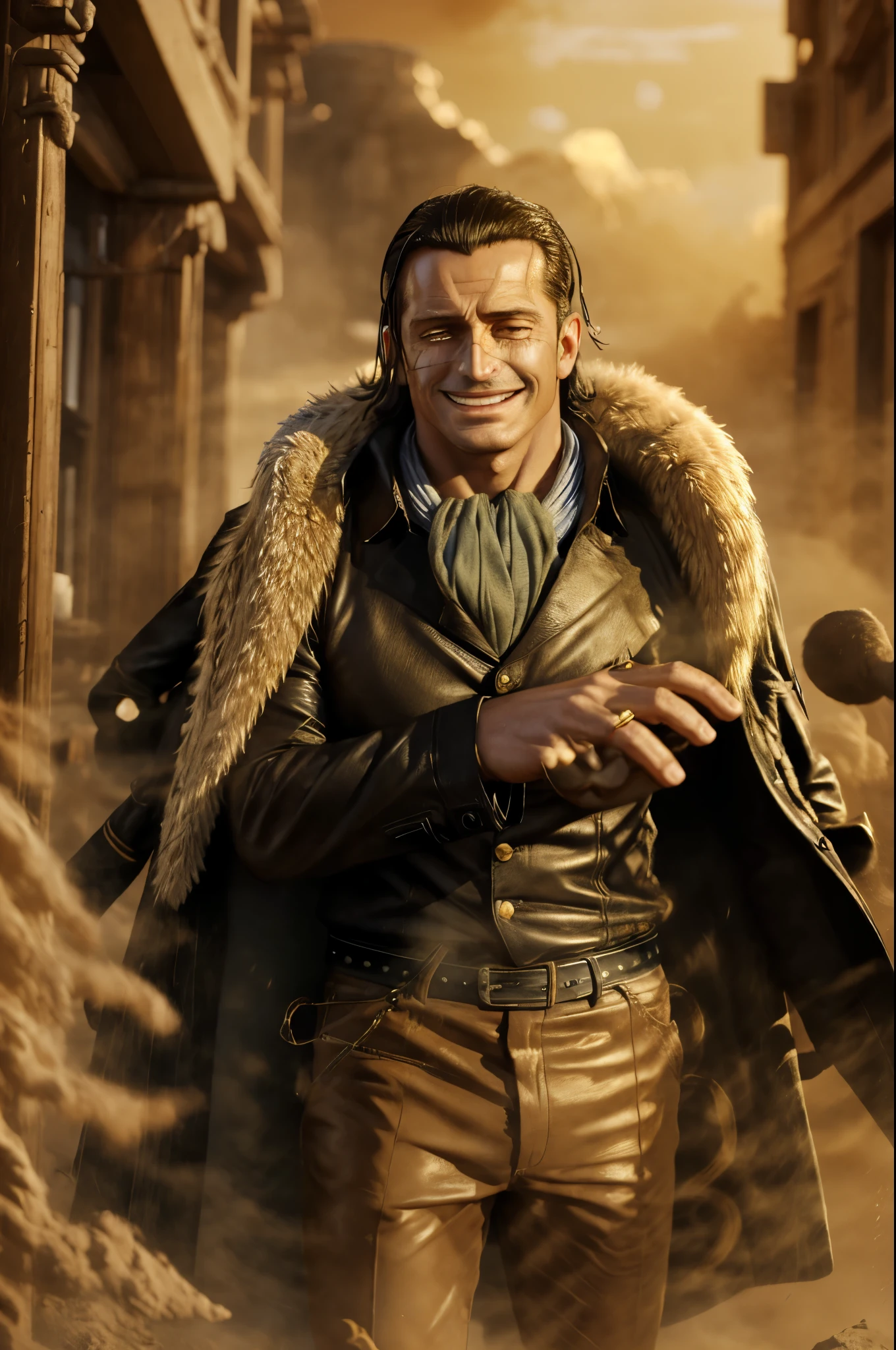 masterpiece, best quality, extremely detailed, hyperrealistic, photorealistic, a cool 40s man, ultra detailed face:1.2, fur-trimmed coat, scarf around the neck, his left hand is a golden pirate hook:1.1, sly smile, in sandstorm