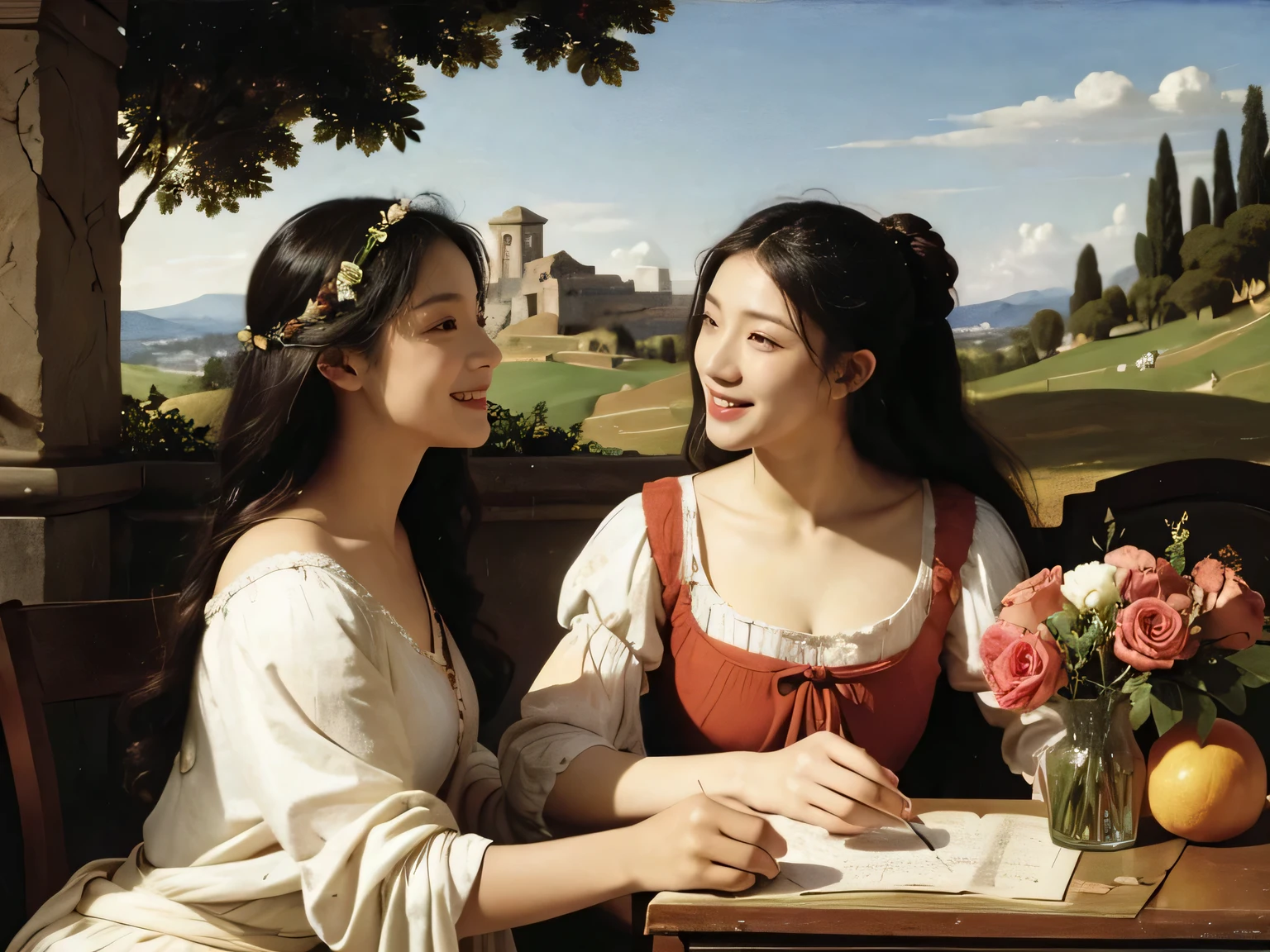 Giorgione painting style,Arguments of two female Philosophe,math、astronomical machine、astronaut、roses in vase、fruits、Cute trinkets、smile、ancient greek costume、Ancient Roman landscape in the style of Nicolas Poussin,laughter,,Sweet and seductive appearance.、Caravaggio's paintings、Chiaroscuro of Caravaggio、hair tousled by the wind,Two women frolicking,cute smile, expression of ecstasy,Sexy,??????