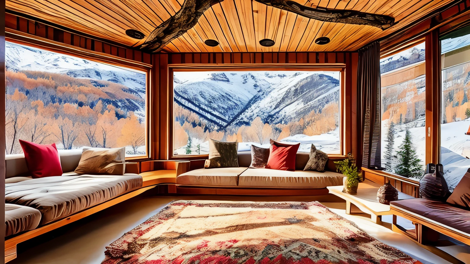 Inside a cave-like room、winter、Views of snowy mountains can be seen from the large windows.、fantastic scenery、it&#39;s snowing outside、sofa、cushion、warm colored rug、Wood-burning stove、