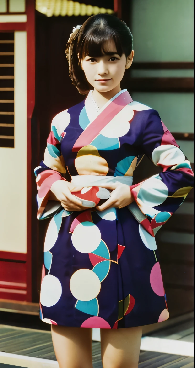 Adult japanese female wearing long-sleeved shirt. She is extremely tiny stature. Her looks like association ball. 1964. Japan, Kashihara. color slide film.