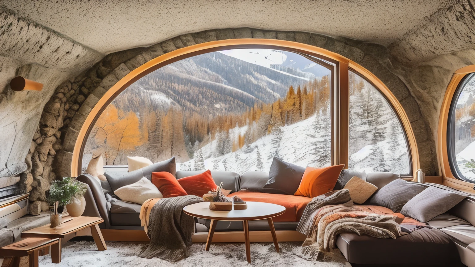 Inside a cave-like room、winter、Views of snowy mountains can be seen from the large windows.、fantastic scenery、it&#39;s snowing outside、sofa、cushion、warm colored rug、Wood-burning stove、