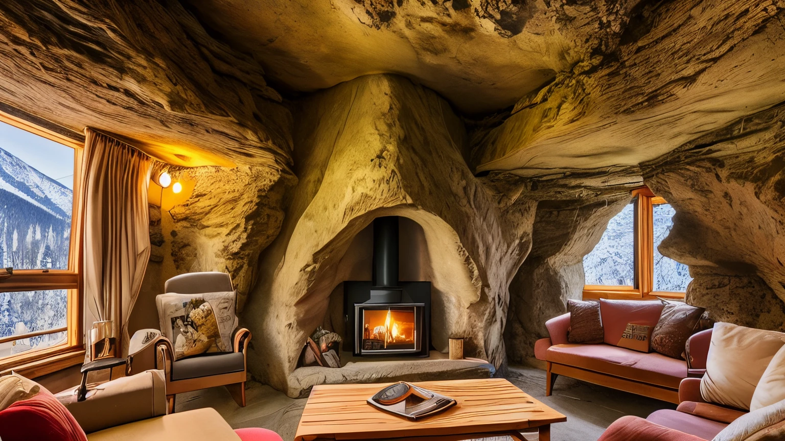 Inside a cave-like room、winter、Views of snowy mountains can be seen from the large windows.、fantastic scenery、it&#39;s snowing outside、sofa、cushion、warm colored rug、Wood-burning stove、