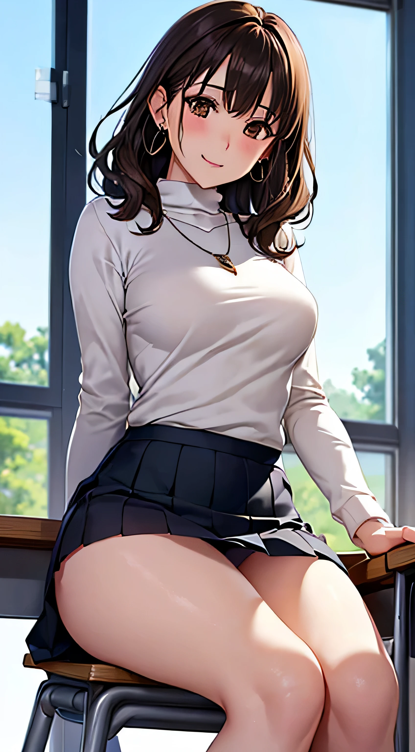 (table top, highest quality, High resolution, , perfect pixel, 4k,), 1 girl, single, alone, Beautiful woman、I could see the whole body、 ((wavy mid-length hair, bangs, brown hair)), ((brown eyes, beautiful eyelashes, realistic eyes)), ((detailed face, blush:1.2)), ((smooth texture:0.75, realistic texture:0.65, realistic:1.1, Anime CG style)), soft chest, dynamic angle, perfect body, ((, female teacher, , earrings、necklace、turtleneck sweater、Middle flared skirt、black knee high stockings、open both legs wide、leaning forward、shy smile、sit at a desk in the classroom、put your hands on the desk、)), Upper 、、、evening、、(You can see the blue and white lace panties、、(、)、angle from below)、