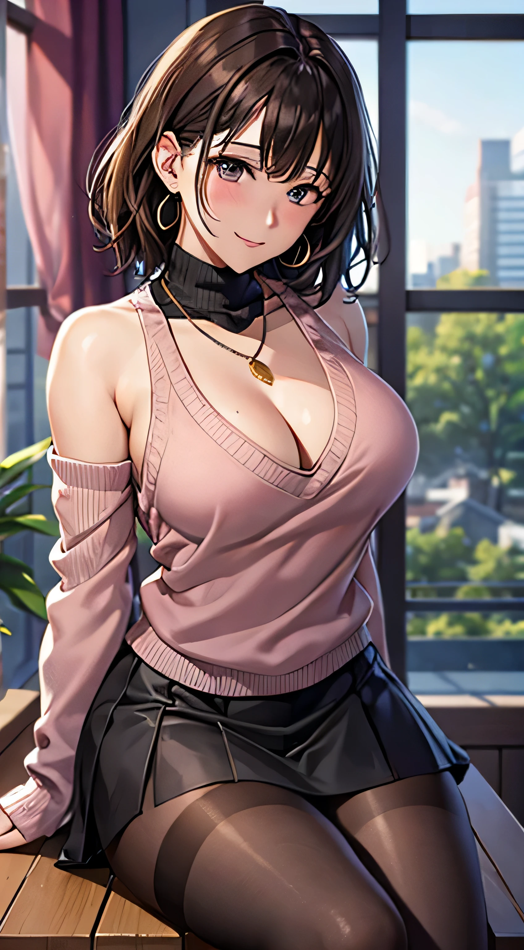 (table top, highest quality, High resolution, , perfect pixel, 4k,), 1 girl, single, alone, Beautiful woman、I could see the whole body、 ((wavy short hair, bangs, brown hair)), ((brown eyes, beautiful eyelashes, realistic eyes)), ((detailed face, blush:1.2)), ((smooth texture:0.75, realistic texture:0.65, realistic:1.1, Anime CG style)), medium breasts, dynamic angle, perfect body, ((, female teacher, , earrings、necklace、Sleeveless Turtleneck Sweater、Middle flared skirt、black knee high stockings、open both legs wide、、shy smile、sit at a desk in the classroom、touch your chest with both hands)), Upper 、、、evening、、(You can see the white and pink lace panties、、、angle from below)、