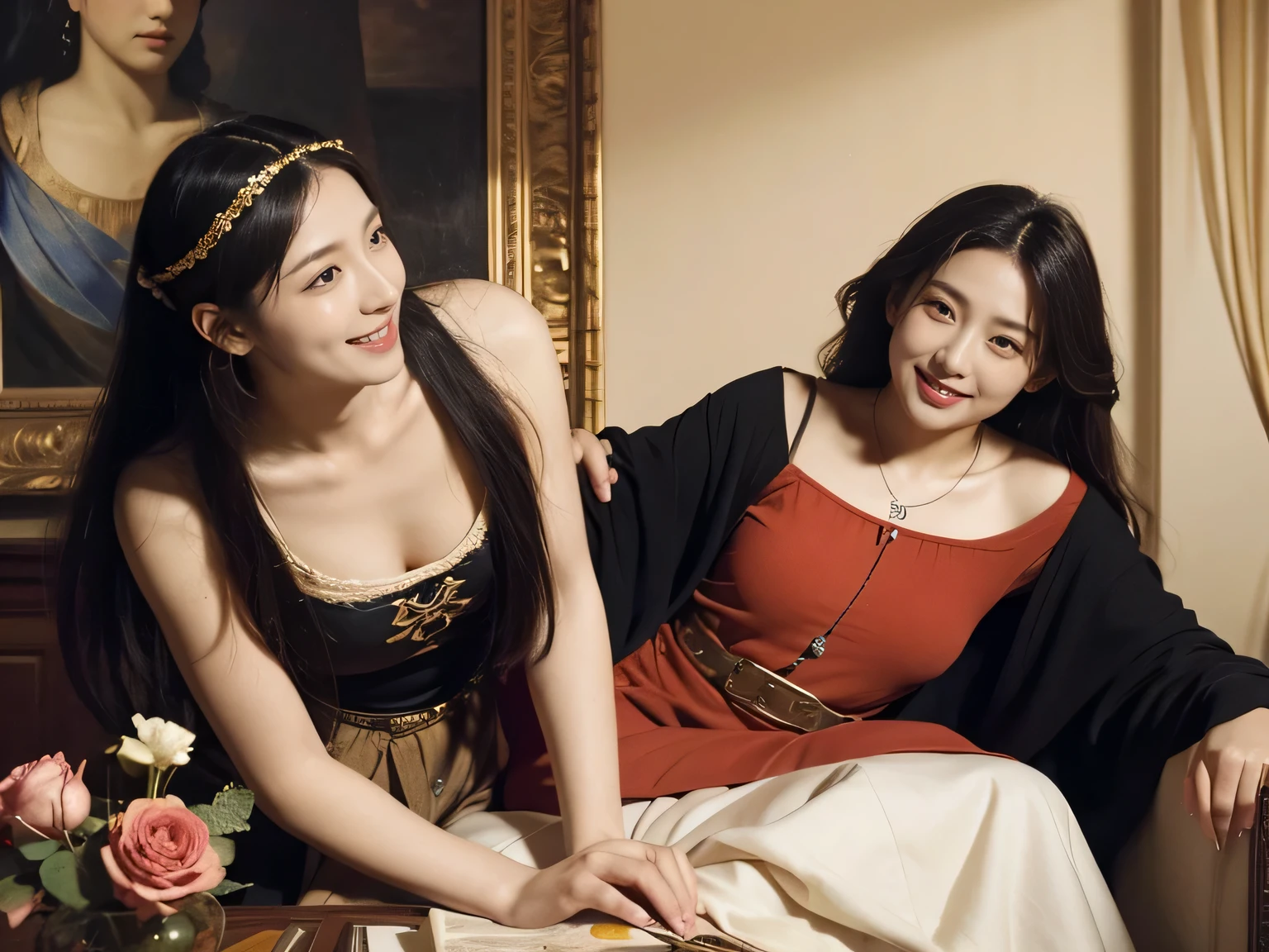 Giorgione painting style,Arguments of two female Philosophe,math、astronomical machine、astronaut、roses in vase、fruits、Cute trinkets、smile、ancient greek costume、Ancient Roman landscape in the style of Nicolas Poussin,laughter,,Sweet and seductive appearance.、Caravaggio's paintings、Chiaroscuro of Caravaggio、hair tousled by the wind,Two women frolicking,cute smile, expression of ecstasy,Sexy,erotic