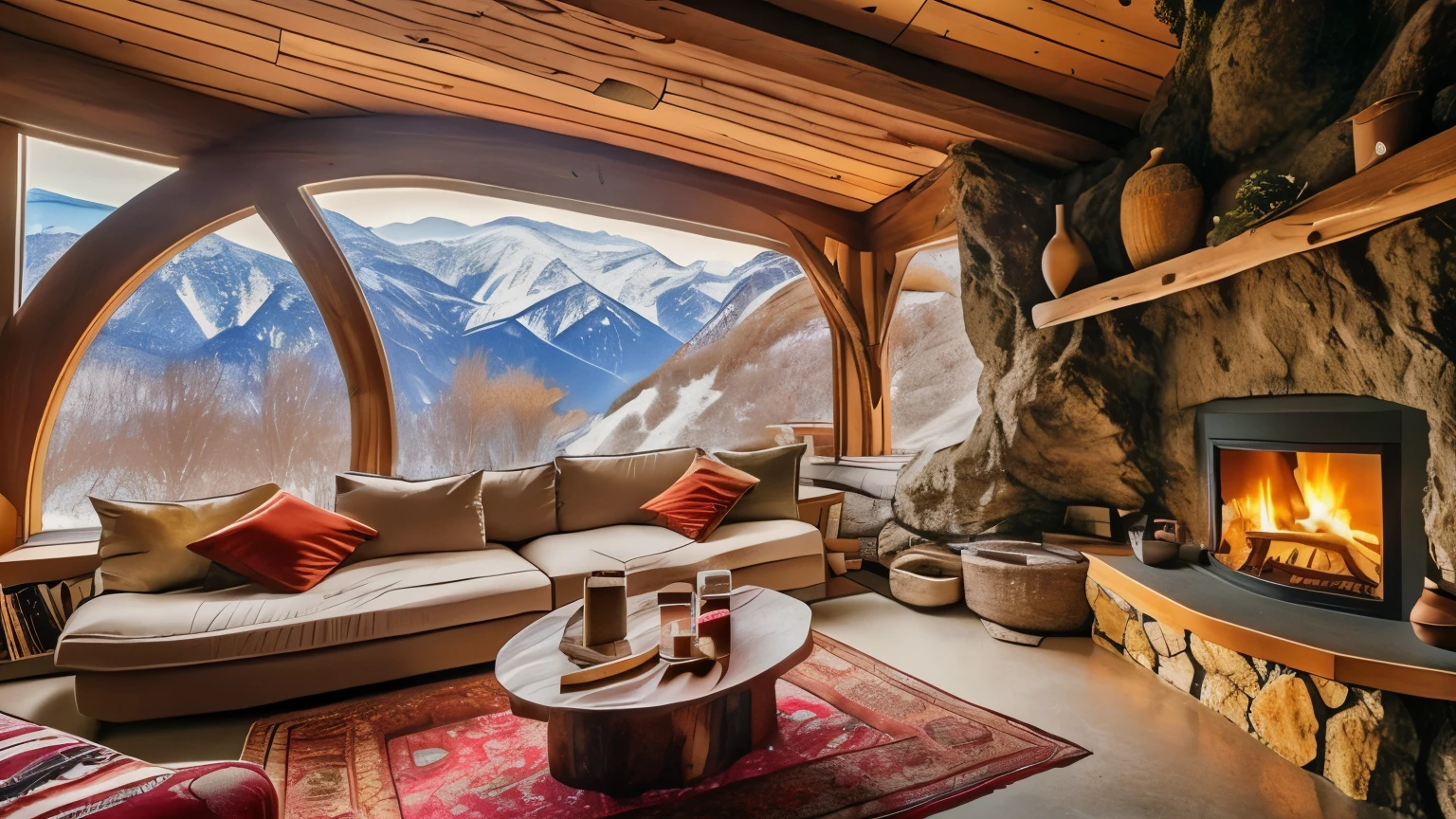 Inside a cave-like room、winter、Views of snowy mountains can be seen from the large windows.、fantastic scenery、it&#39;s snowing outside、sofa、cushion、warm colored rug、Wood-burning stove、