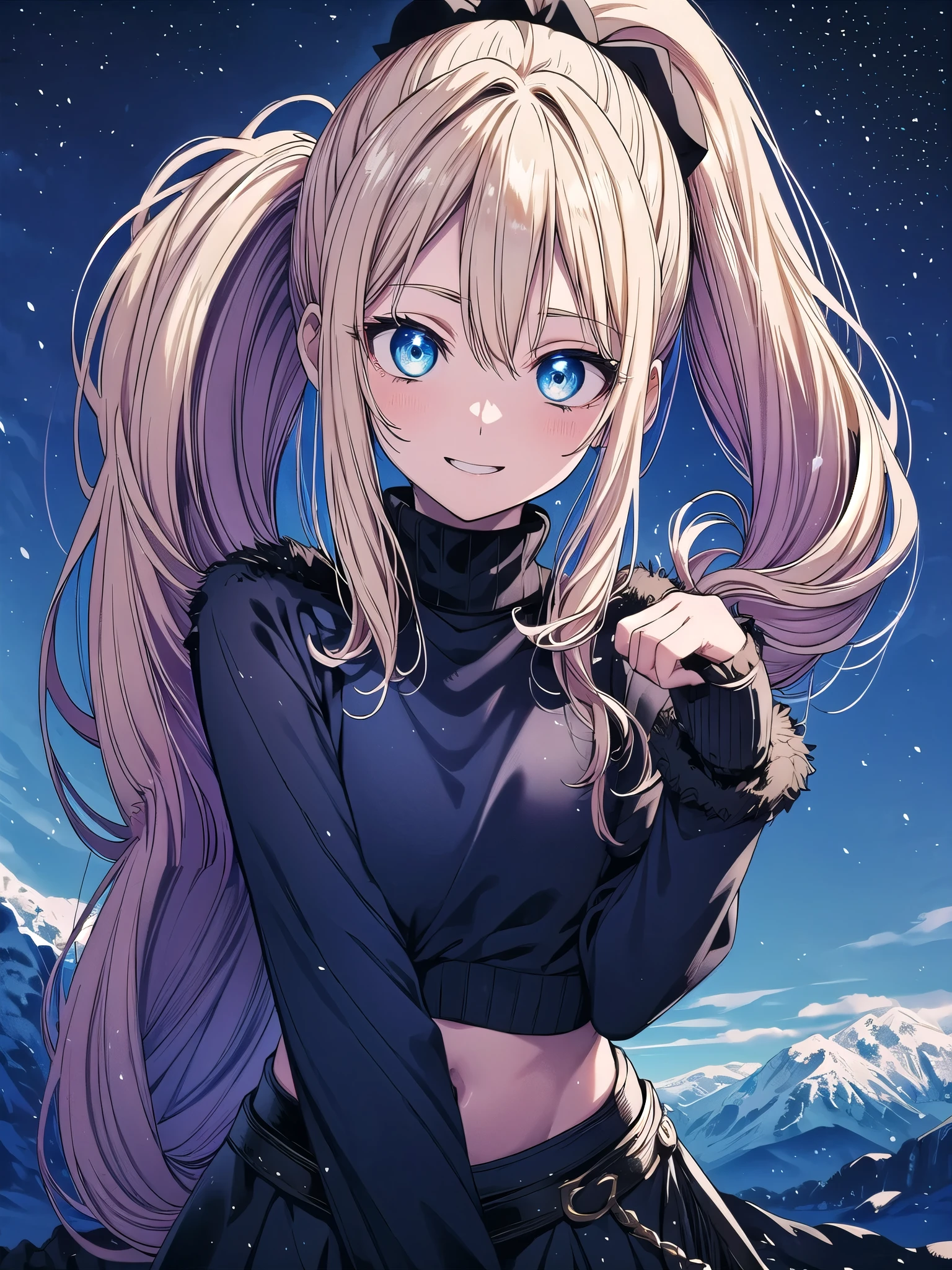 blue coat, fur trim cape, gloves,belly button,crop top, sweater, turtleneck, midi skirt hair ornament, bangs, blonde hair,hair between eyes,blue eyes,long hair,ponytail（1.2）、(((ponytail)))、long hair, blue eyes, hair between eyes, break skirt, shirt,Whiteroom、white snow day、destroy bedroom (masterpiece:1.2), highest quality, High resolution, unity 8k wallpaper, (figure:0.8), (detailed and beautiful eyes:1.6), highly detailed face, perfect lighting, Very detailed CG, (perfect hands, perfect anatomy)、yoga pose、Warm look、blush、dancer、smile、Smile、show your teeth、open your mouth、(((fantastic scenery)))、A skyscape inspired by artists（1.2）、snow scene