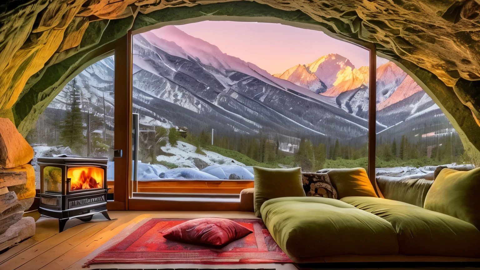 Inside a cave-like room、winter、Views of snowy mountains can be seen from the large windows.、fantastic scenery、it&#39;s snowing outside、sofa、cushion、warm colored rug、Wood-burning stove、