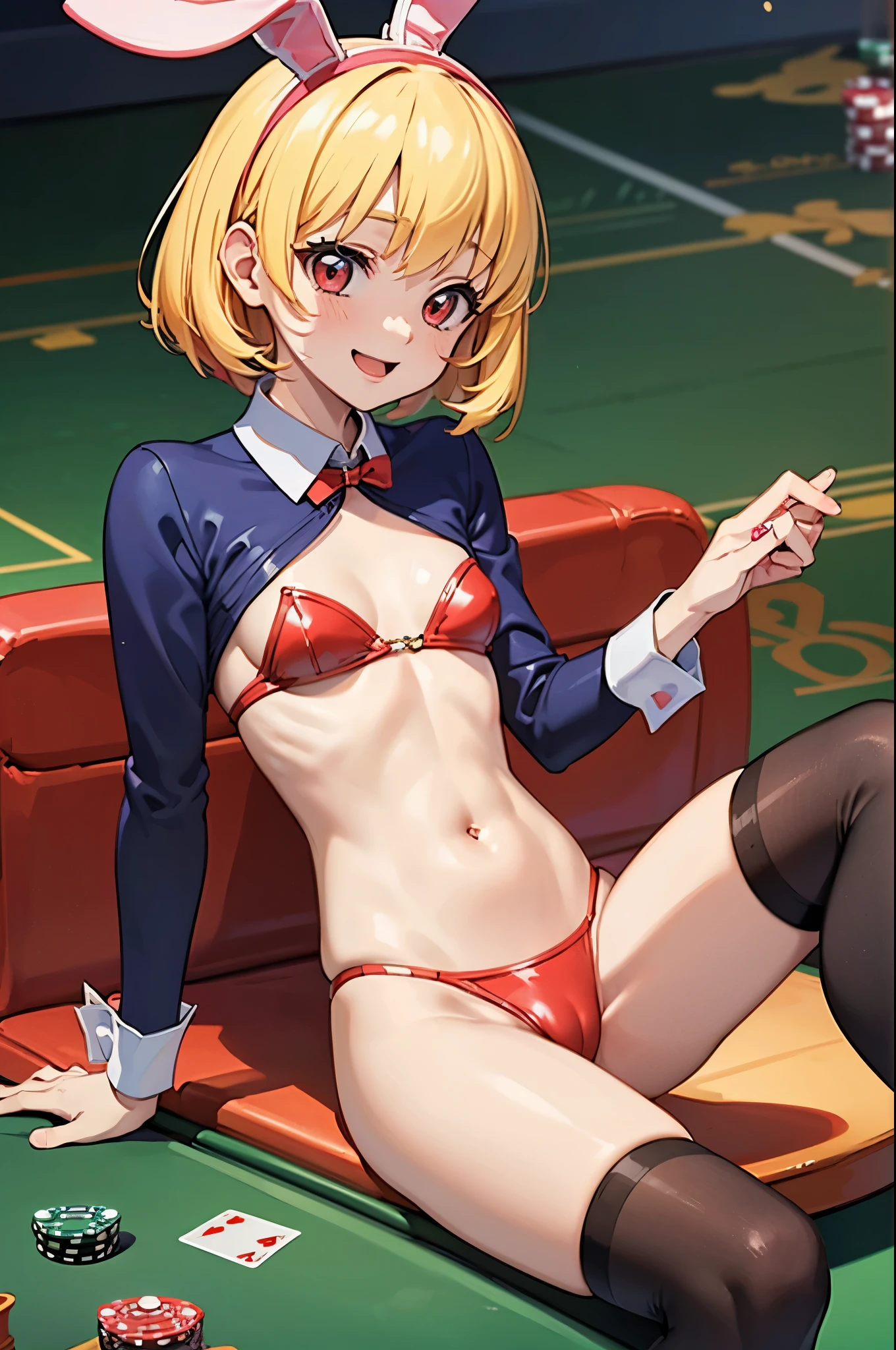 Highly detailed illustration, super cute and beautiful lady,long sleeves, detached collar, breasts_out, navel, (no_panties:1.3), (pasties, maebari:1.1), (reverse RED bunnysuit:1.3), show off stomach, (((Small titis))), beautiful blush((((ecstatic))))smlie face and eyes, beautiful shoulder length bob ((black)) Blonde hair, ((((casino room)))),((Boldly open legs)),low angle shot,sitting table,