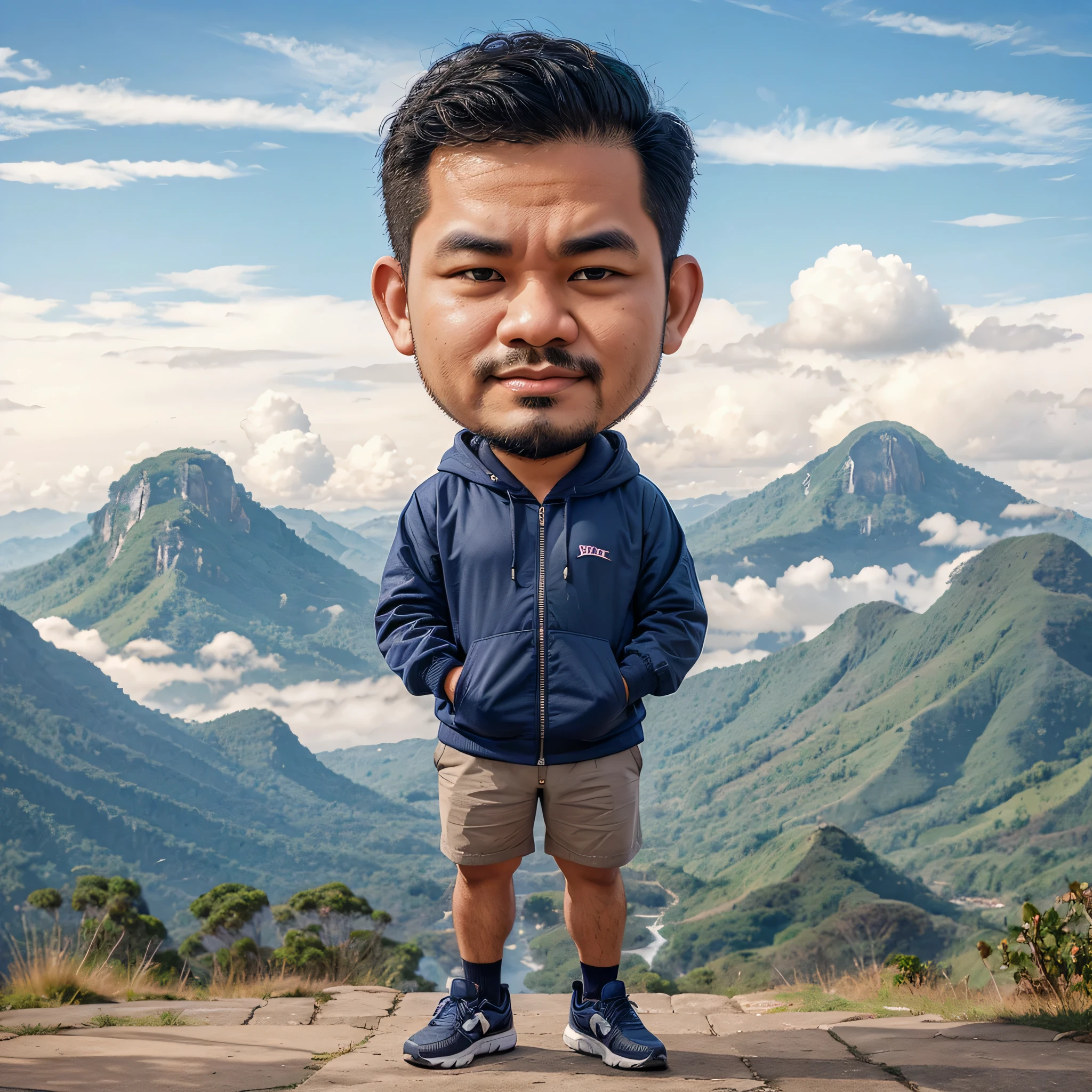 Caricature of a slightly fat Indonesian man with short hair, wearing a navy hoodie jacket, shorts and shoes, blue sky waterfall mountains background, ultra HD, 8K, realistic