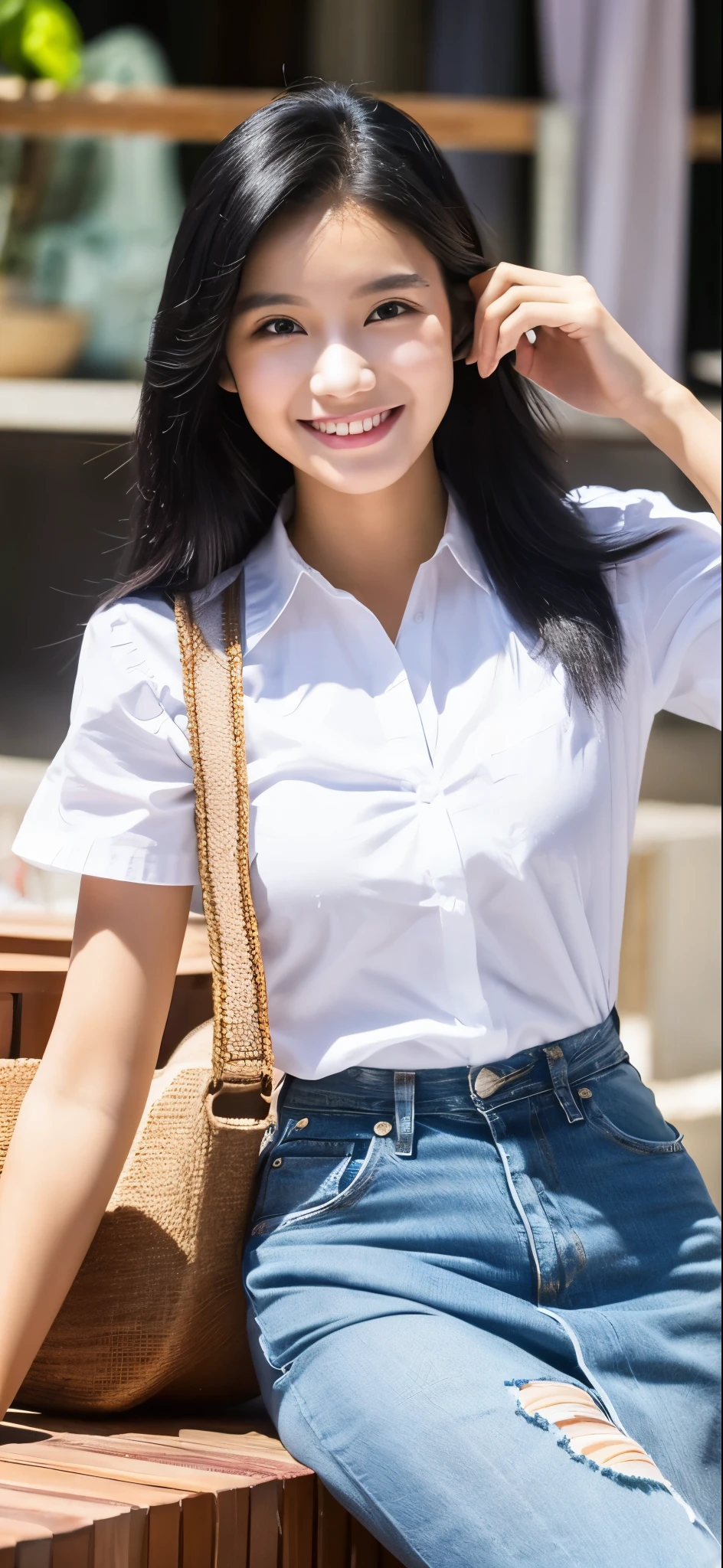 1 girl, indonesian girl, 23 years old, (black hair super-long 1 meters), (very beautiful), (beautiful hair), actress, smile, shiny skin, best quality, masterpiece, (photorealistic:1.4), terrace seating, asian, indonesian, jakarta, denim long skirt (realistic fabric), white short sleeves (cotton fabric), (no logo), thin fingers