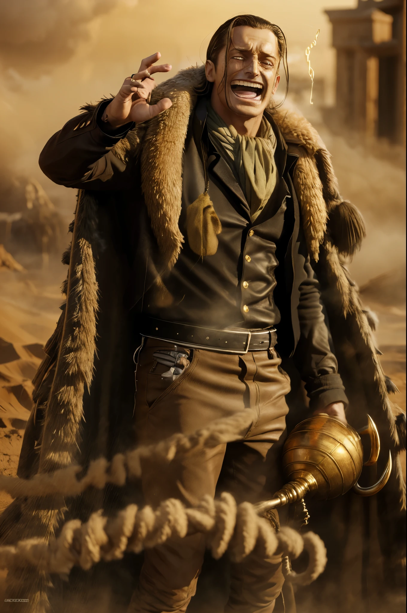 masterpiece, best quality, extremely detailed, hyperrealistic, photorealistic, a cool 40s man, ultra detailed face:1.2, fur-trimmed coat, scarf around the neck, his left hand is a golden pirate hook:1.1, laughing, sandstorm