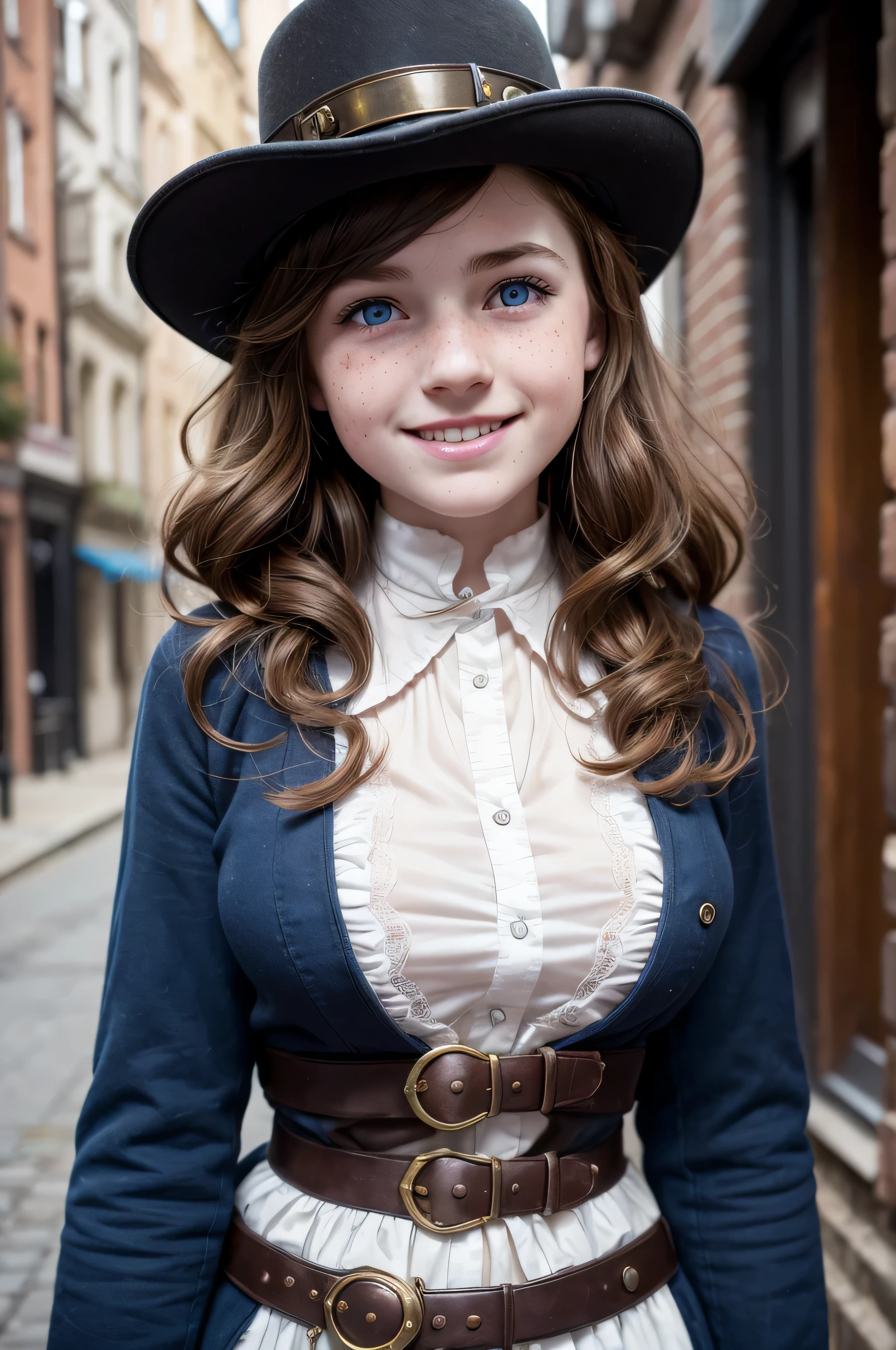 ((high resolution)), ((pale skin)), freckled, brunette ((11 year old)) girl, with blue eyes, blushing cheeks, wavy hair, smiling, large breasts, steampunk, Victorian city street