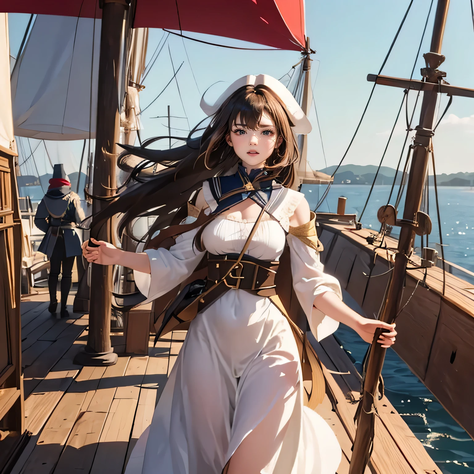 ((medieval world)), (noble's daughter who became a pirate, medieval European aristocratic dress), on the deck of a medieval large galleon that was made of woods during the Age of Discovery in the Middle Ages, windy, few sailors, a lot of cargo,