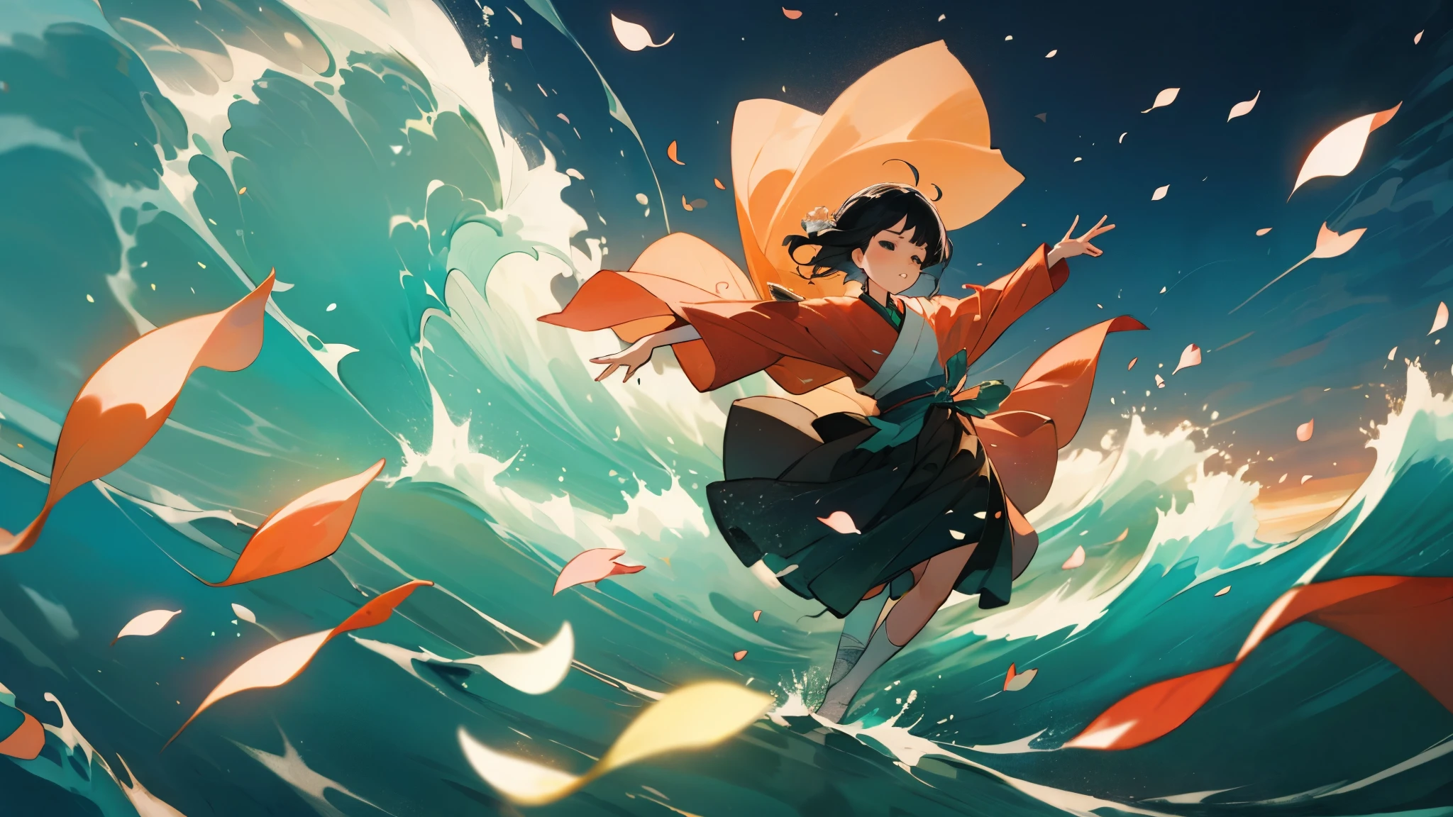 sea，Flower petals floating on the waves，burst of inspiration，sea高高的海良，long sleeves，Dance，best quality，Fantastic scenes，魔幻的sea