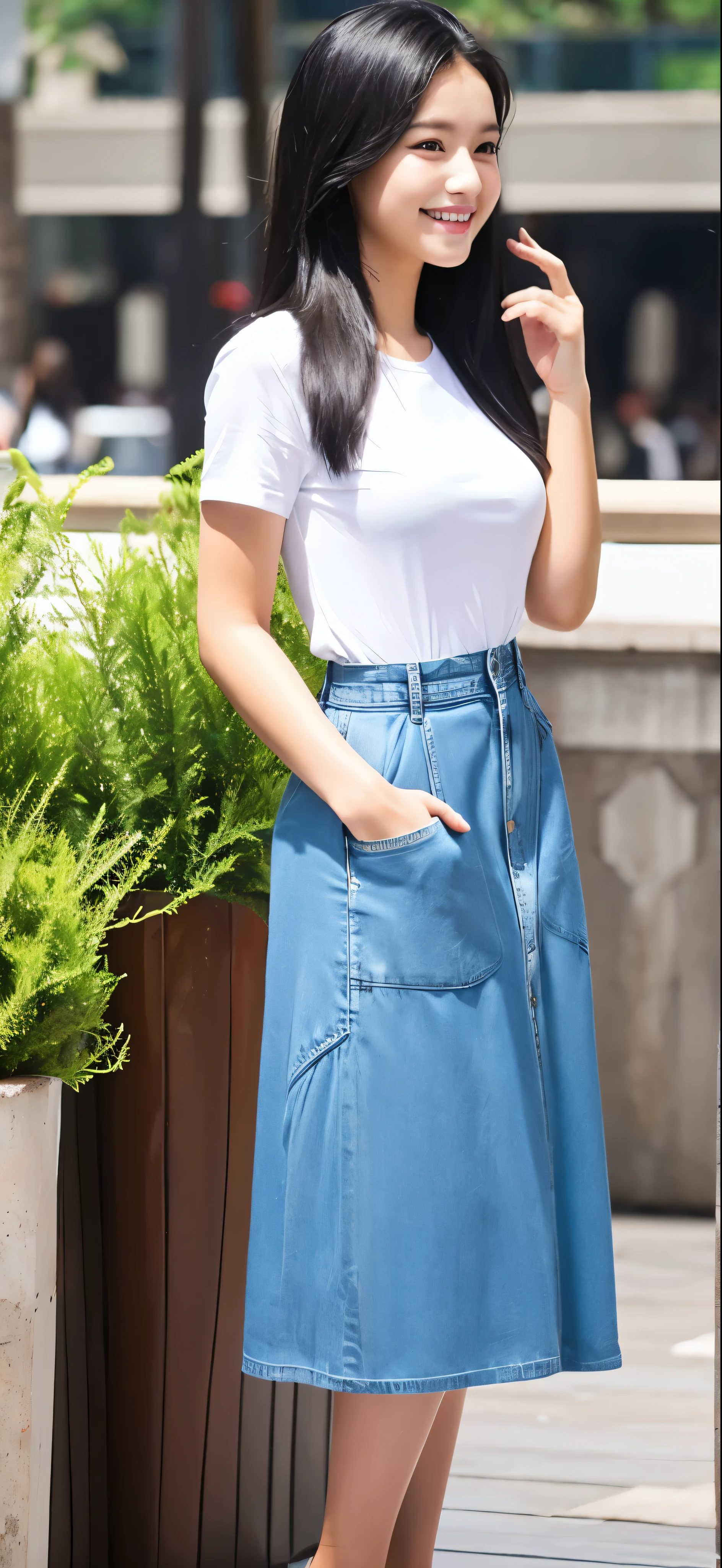 1 girl, indonesian girl, 23 years old, (black hair super-long 1 meters), (very beautiful), (beautiful hair), actress, smile, shiny skin, best quality, masterpiece, (photorealistic:1.4), terrace seating, asian, indonesian, jakarta, denim long skirt (realistic fabric), white short sleeves (cotton fabric), (no logo), thin fingers