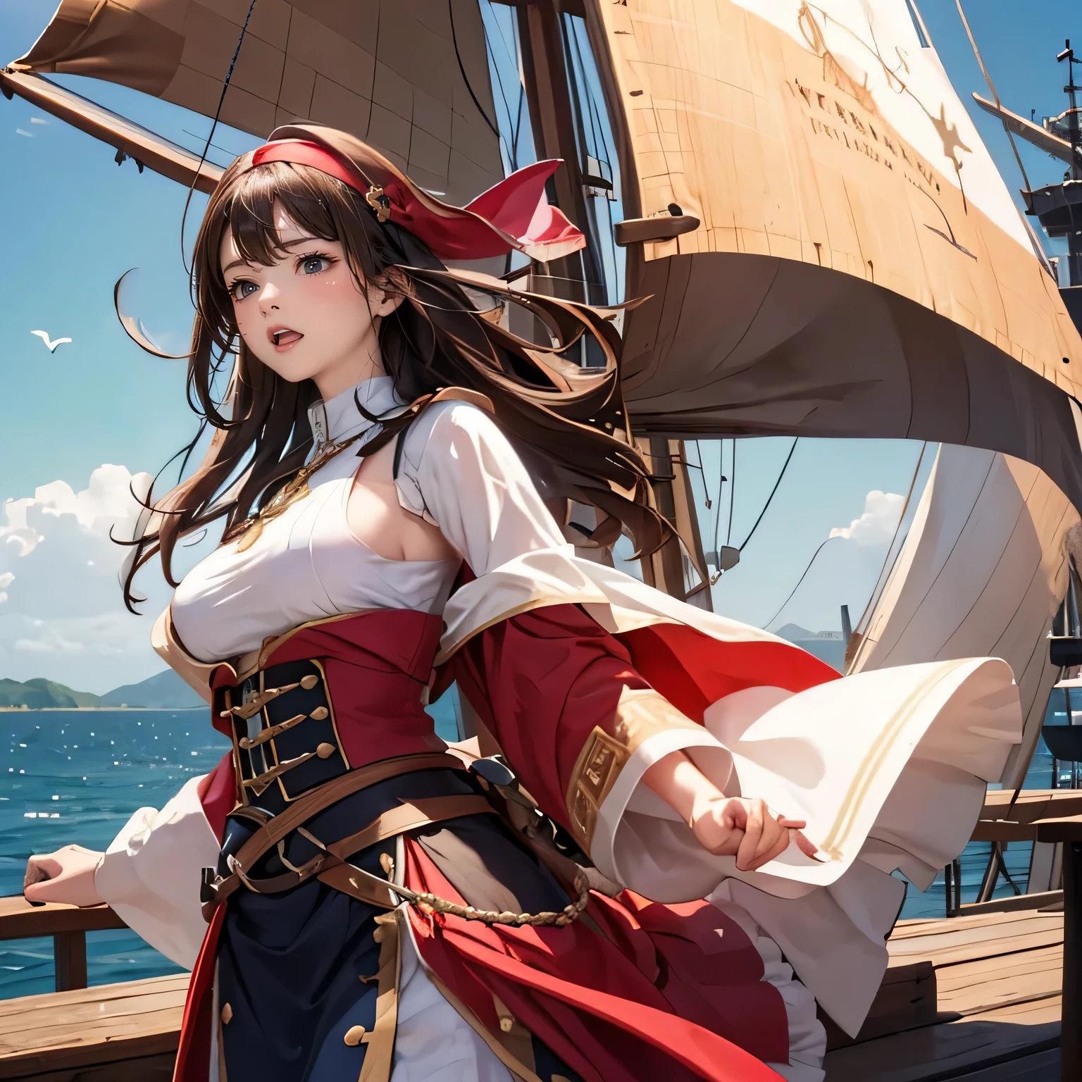 ((medieval world)), (noble's daughter who became a pirate, captain, (medieval European aristocratic unbuttoned dress, luxury jewelry), breasts, she has a long westerner sword), on the deck of a medieval large galleon that was made of woods during the Age of Discovery in the Middle Ages, windy, a lot of cargo, standing and spread legs, ((swollen areolas, pubic hair)), smiling, angle from below, in the ocean,