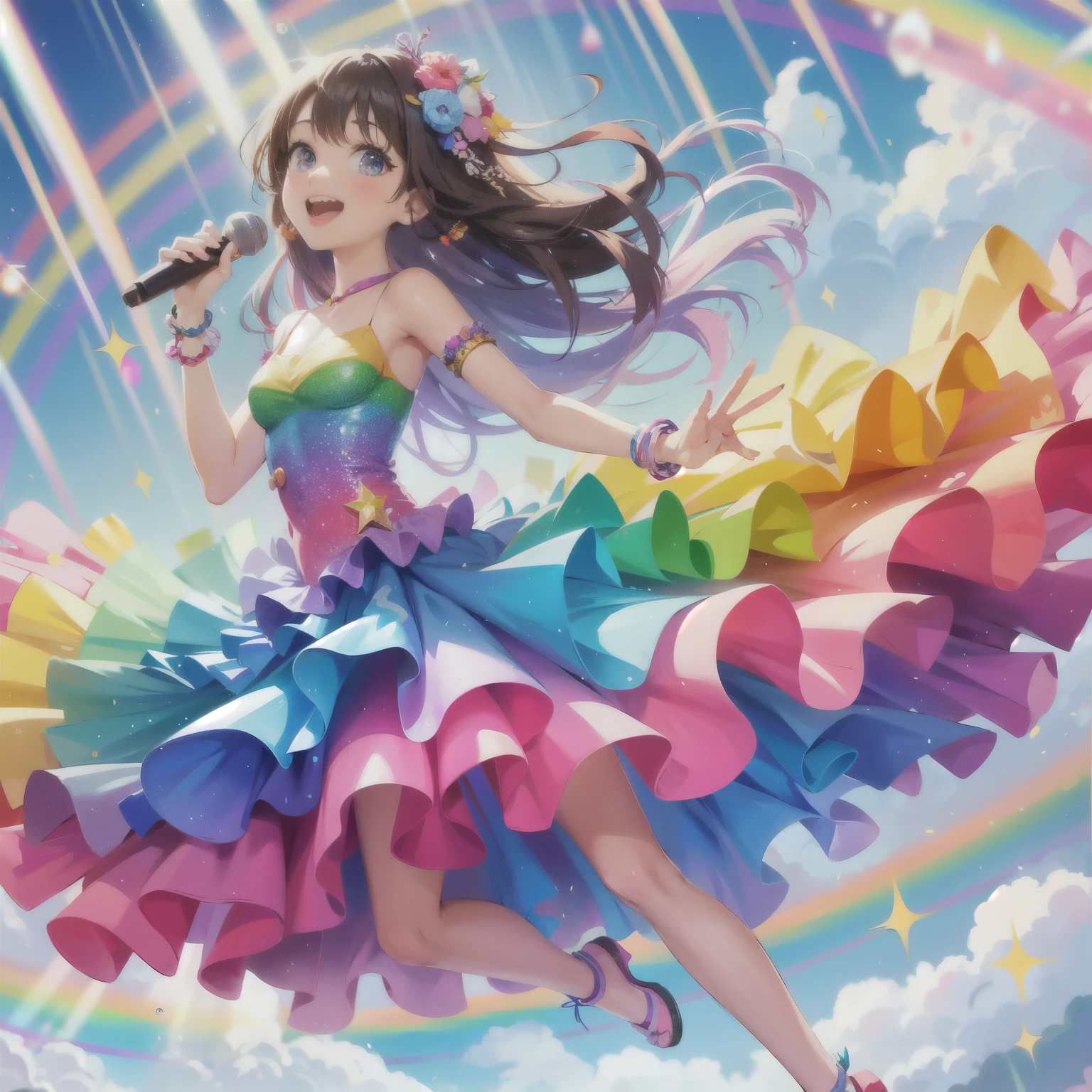 Anime girl in a rainbow dress singing on stage with rainbow background, rainbow core, anime moe art style, bright rainbow nimbus, Rainbow clothes, official artwork, cute colorful adorable, shiny and colorful, colorful picture, Idol Master, colorful dress, Rain rainbow, beautiful anime art style, official anime artwork, beautiful anime girl, very colorful heaven, Cute anime wife in a nice dress