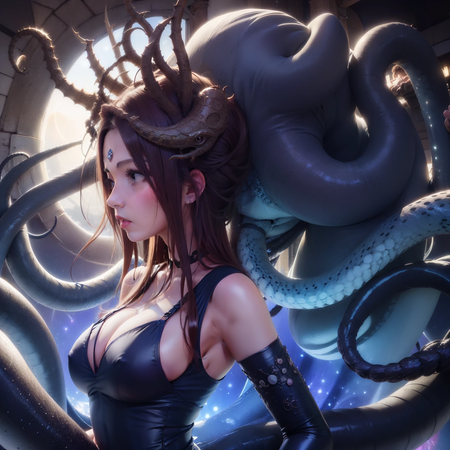 A woman with a dragon head and a snake tail in her hair, Cold-blooded face、bullish look、night sky and big full moon、beautiful female gorgon, fierce medusa, female medusa long hair, small details. tentacle, very sad medusa, octopus goddess, many snakes like in her hair, male medusa, long flowing medusa hair, goddess, eldritch goddess, medusa, gorgon, fantasy artwork