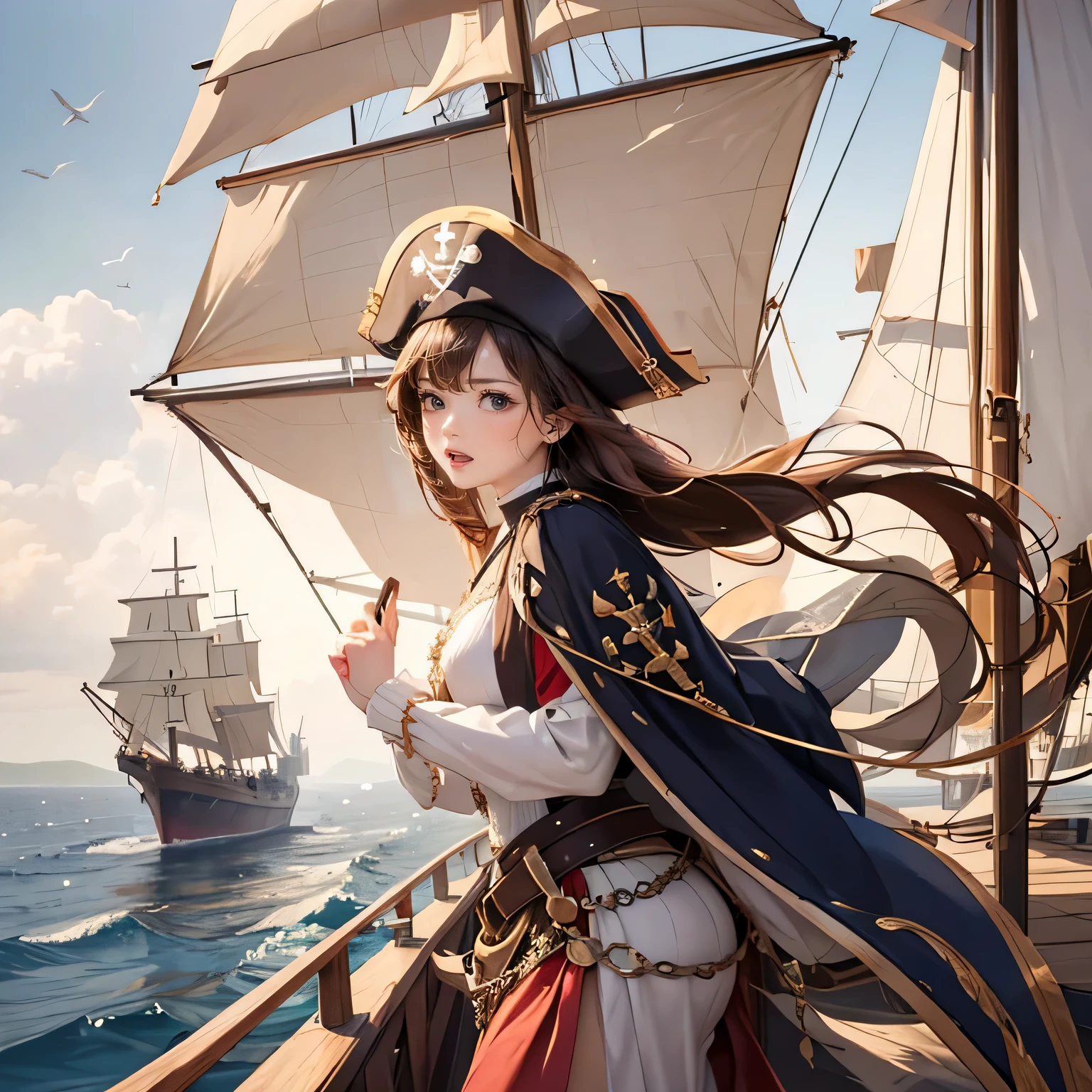 ((medieval world)), (noble's daughter who became a pirate, medieval European aristocratic dress), on the deck of a medieval large galleon that was made of woods during the Age of Discovery in the Middle Ages, windy, few sailors, a lot of cargo,