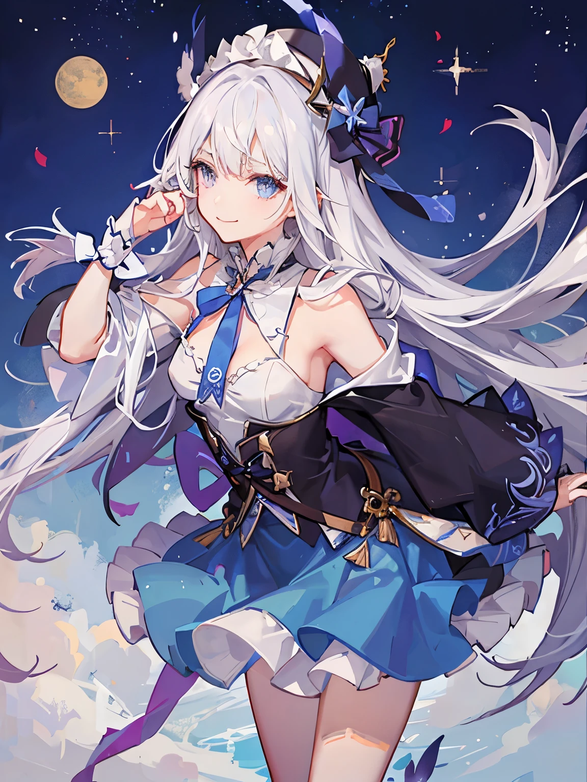1girl in、A smile、The shirt、Blouse、skirt by the、（small tits）Chilarism、movement、Hats、cloakagic wands、Sorcerer、white  hair、Sexy costume、