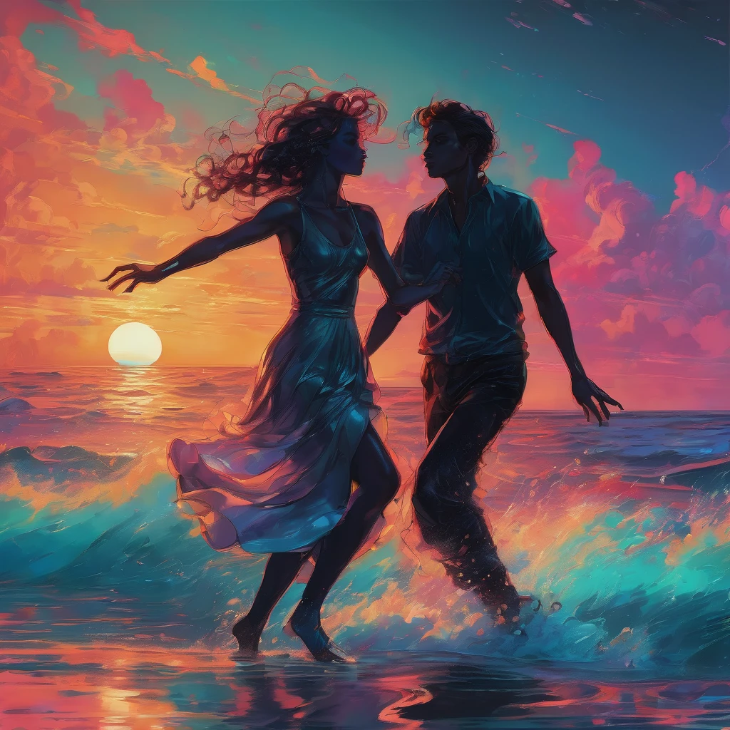 People Dancing on the Sea Surface, aesthetic, extremely detailed, People Dancing on the Sea Surface, Bioluminescent, in the Style of Artgerm and Charlie Bowater and Atey Ghailan and Mike Mignola, vibrant colors and hard shadows and strong rim light, Comic Cover Art, plain background, trending on artstation