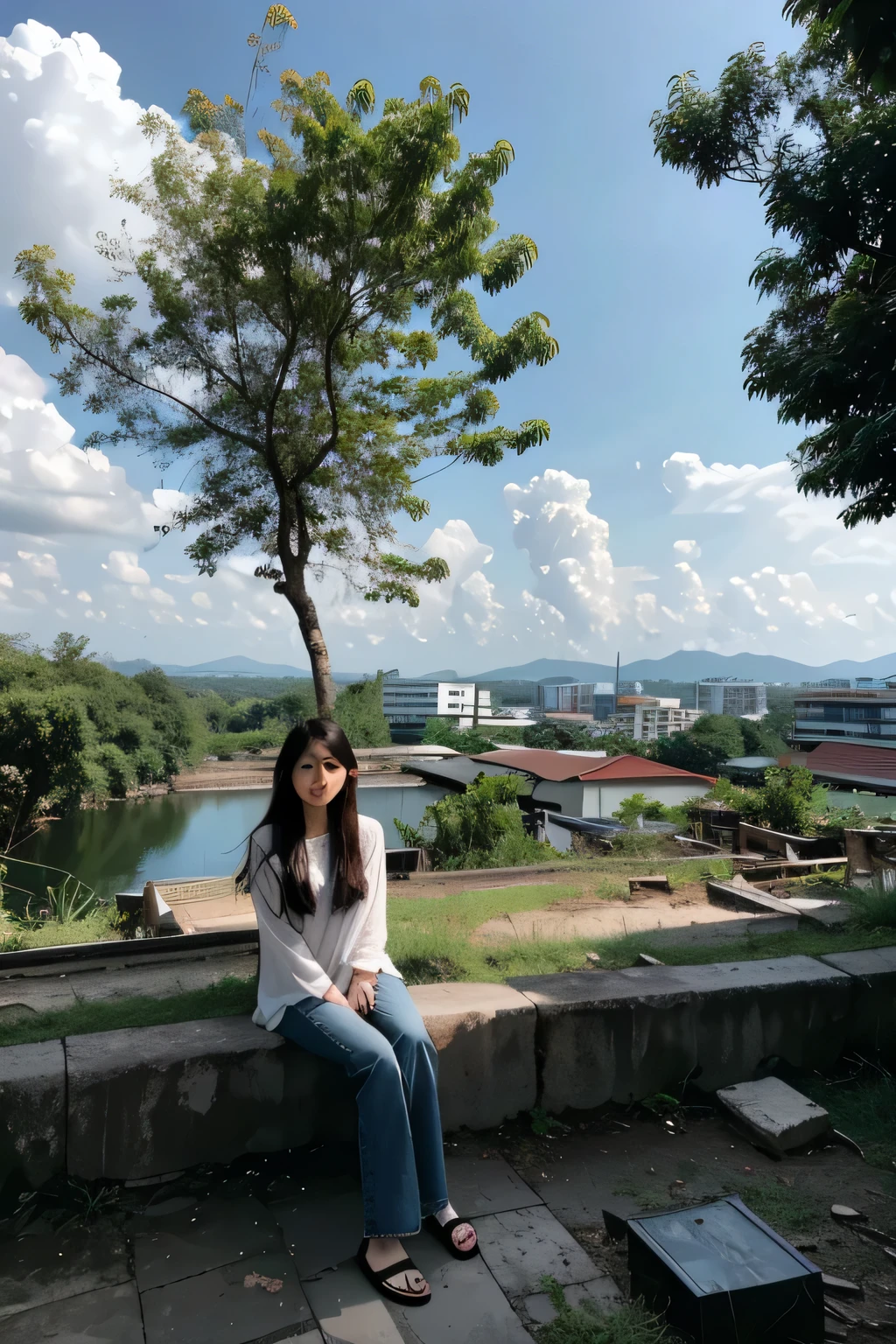 thai woman, look at the audience, long hair, shirt, jeans, cloud, Sky, Sky空,outdoor, post apocalyptic, ruins, landscape, Tree, water