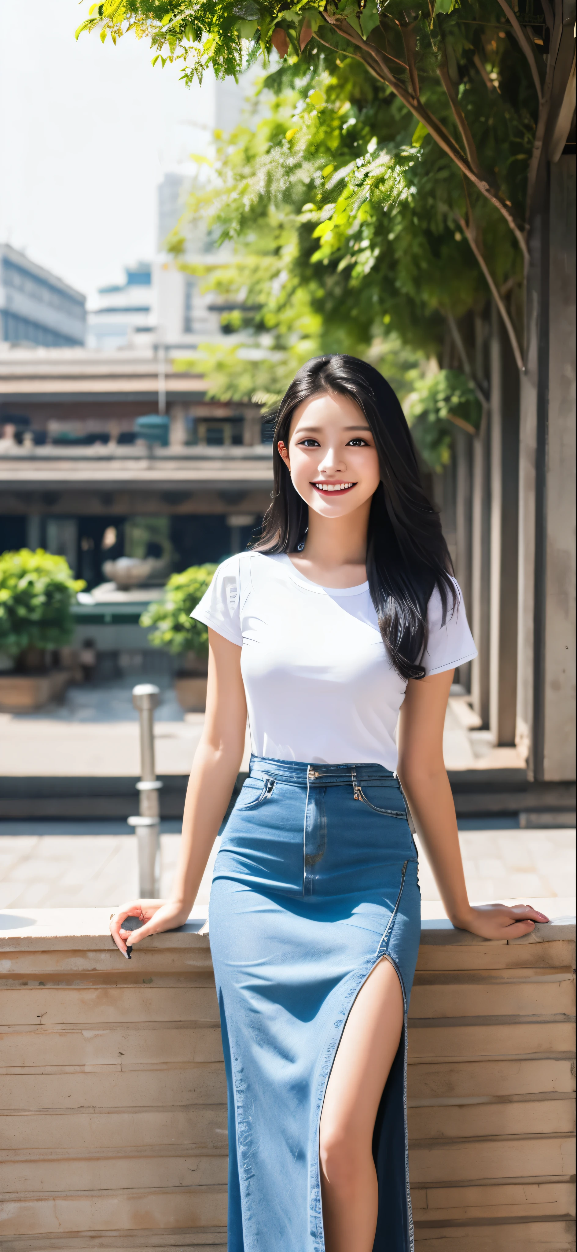 1 girl, indonesian girl, 23 years old, (black hair super-long 1 meters), (very beautiful), (beautiful hair), actress, smile, shiny skin, best quality, masterpiece, (photorealistic:1.4), terrace seating, asian, indonesian, jakarta, denim long skirt (realistic fabric), white short sleeves (cotton fabric), (no logo), thin fingers