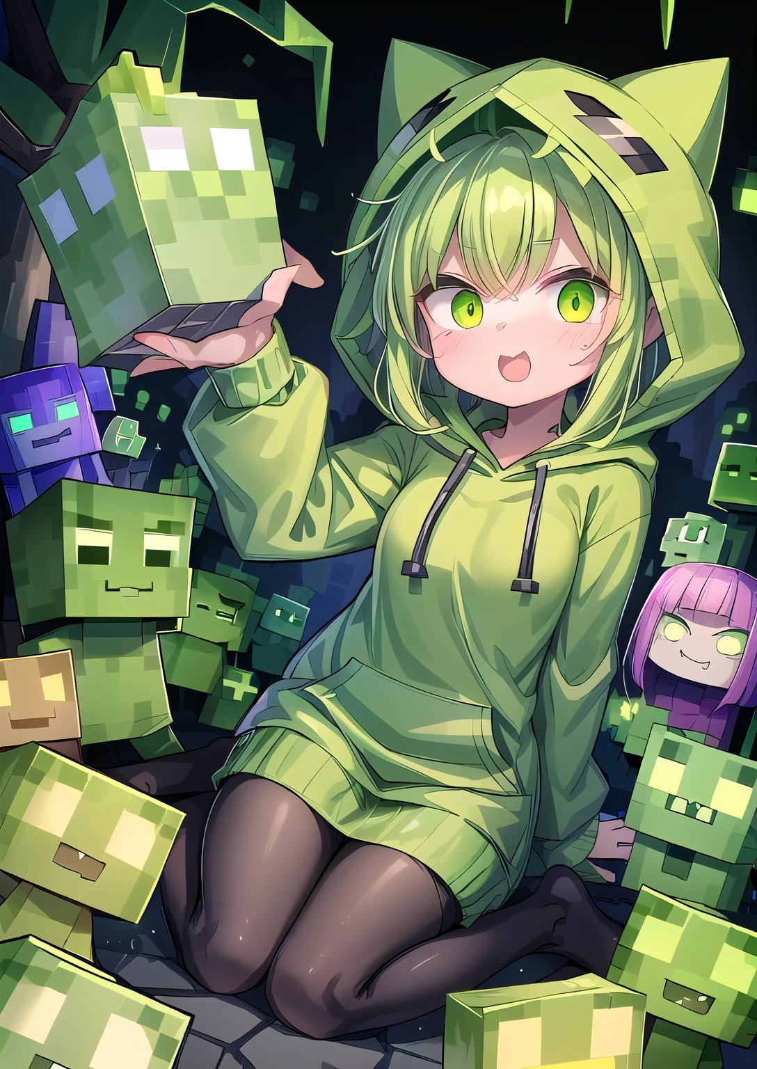 One wearing a green hoodie、Cartoon image of girl holding green ax, Creeper, Creepers, minecraft Creeper, Creep, minecraft Creeper in real life, ❤🔥🍄🌪, Japanese cartoons!!!!!!!!!!!!!!!, my world风格, !!!!!!!!!!!!!!!!!!!!!!!!!, Creeper world, ((Zerat)), Official fan art, Crypt Lurkers!!, Creepy kawaii, my world