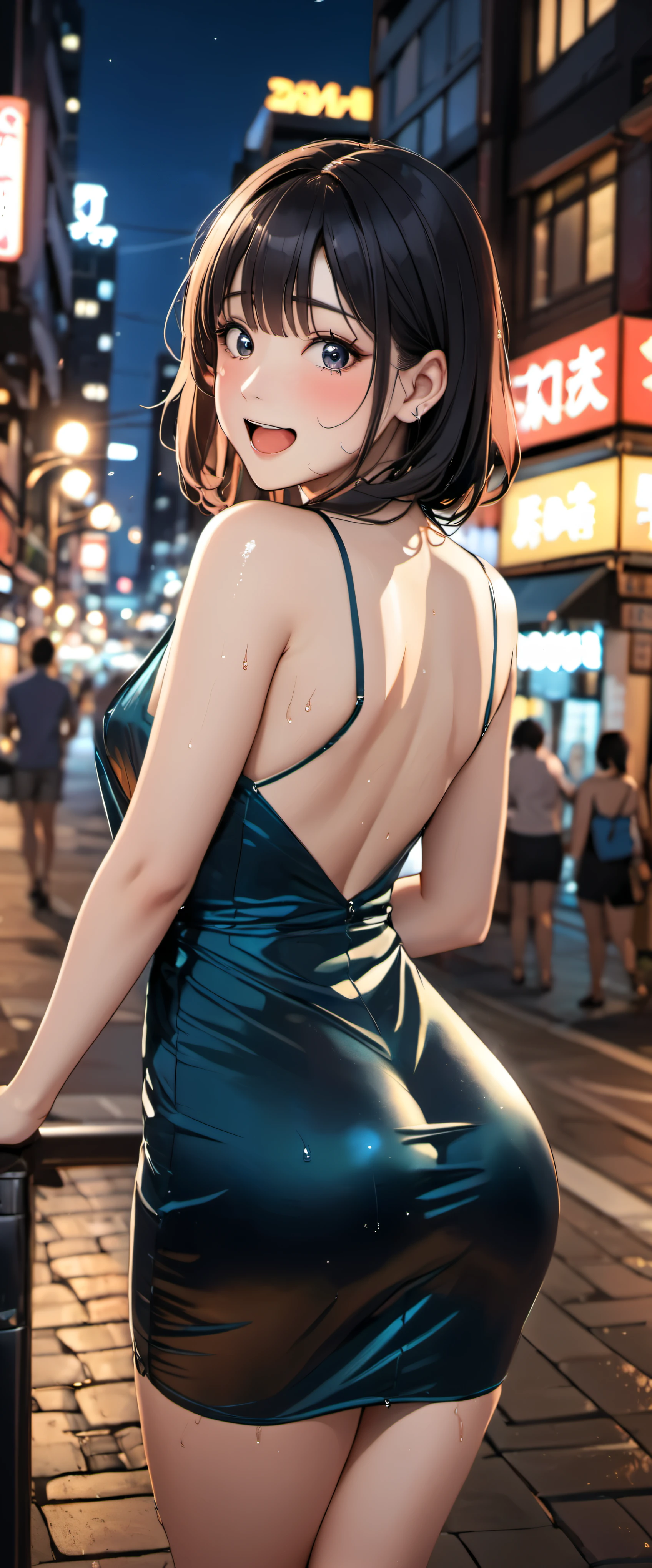 woman,20-year-old,,city,night,(((Sexy silk dresses))),,open mouth smile(())(),(()),((black hair)),blush、surprised face,((())),((look back))(wet with sweat)Reflecting the buttocks