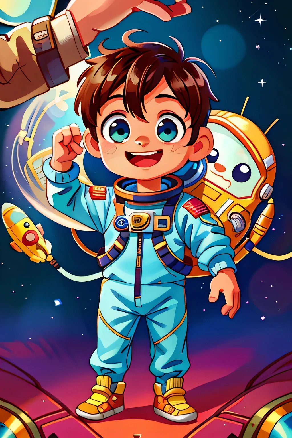 A 6 year old boy in space, vestindo roupa de astronauta, corpo todo, feliz, qualidade perfeita, foco claro (Estilo chibi) (desordem - casa: 0.8), (obra de arte: 1.2) (realista: 1 ,2) (Bokeh) (Melhor qualidade) (pele detalhada: 1.3) (detalhe intrincado) (8k) (olhos detalhados) (sharp focus), (feliz)