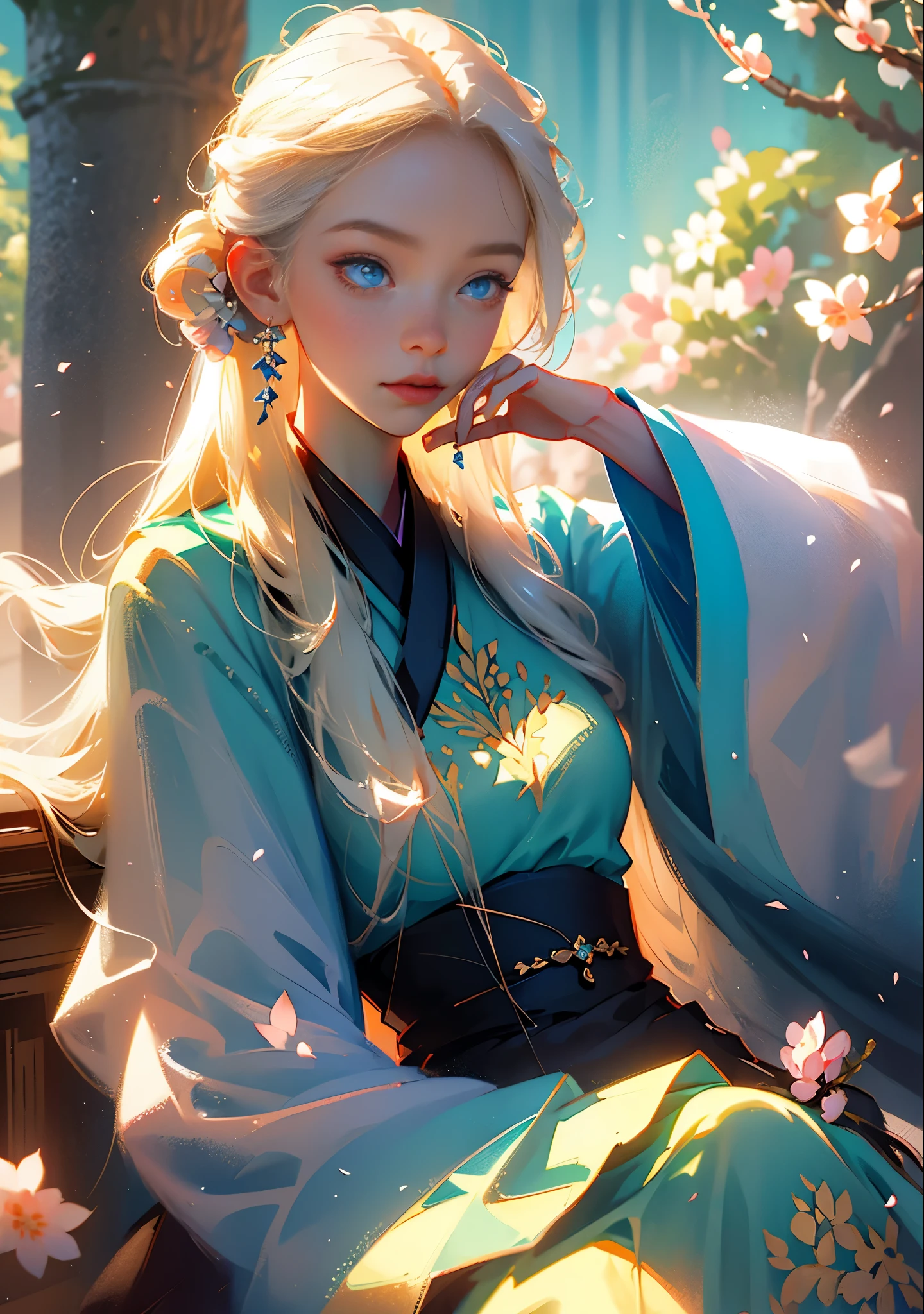 fantasy, portrait, Asia, European appearance, beautiful girl, delicate face, long pale blonde hair, blue eyes, in a beautiful hanfu, emphasizing the figure in light colors, expressive breasts, cherry blossoms in the background, hd