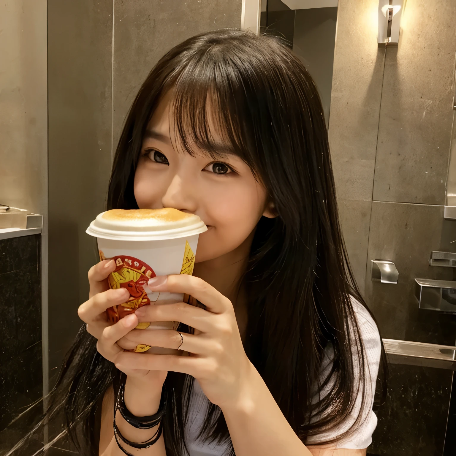 Highest image quality,selfie,medium hair,Cafe,coffee,living