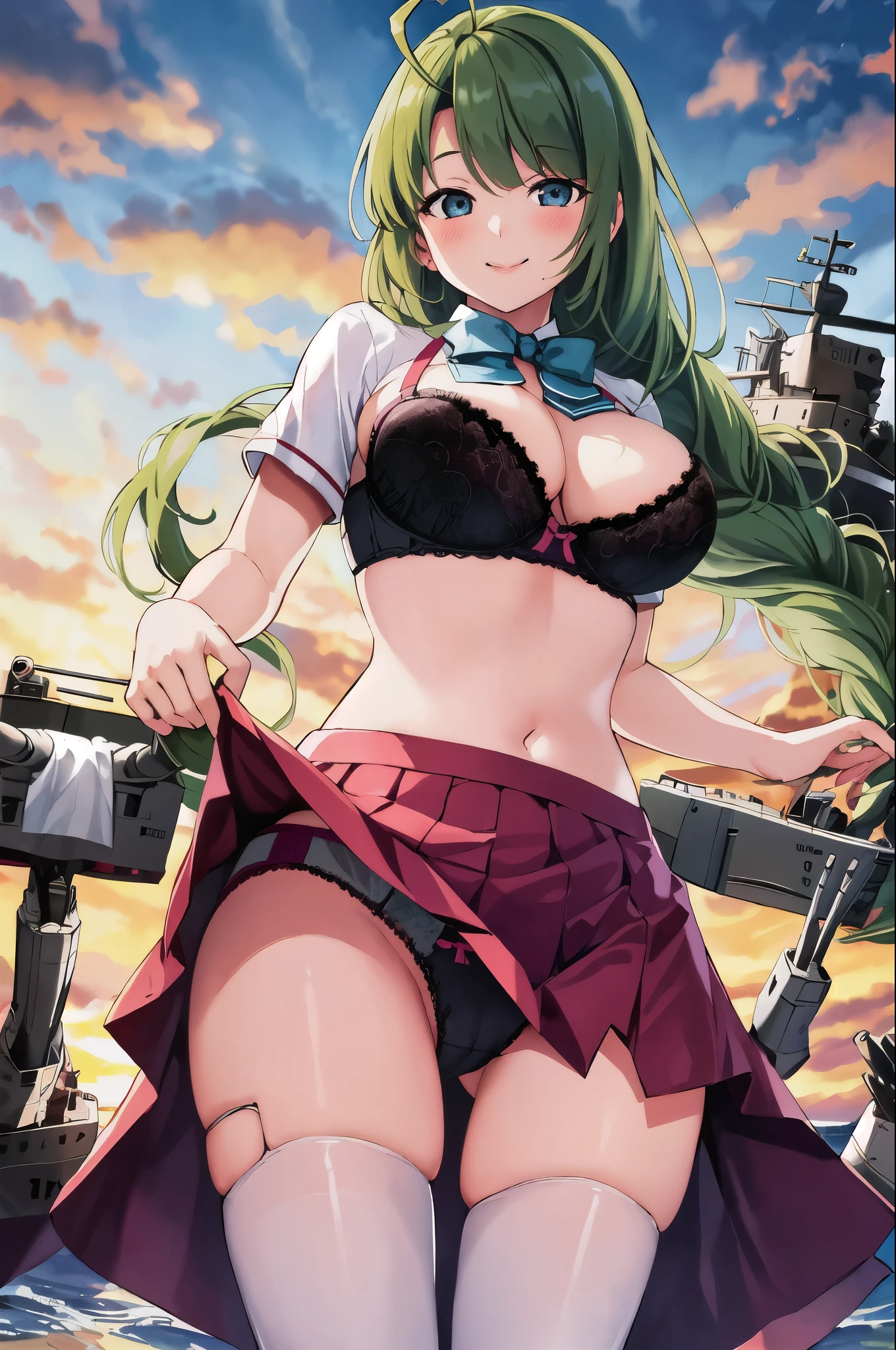 1 girl, alone, cowboy shot, highest quality, masterpiece, High resolution,
Sunset clouds \(KanColle\), Ahoge, 1 girl, The valley is open, big breasts, (from below:1.2), bent down, blush, smile,highest quality, masterpiece, perfect lighting, panties,bra,good,((NSFW)),skirt lift