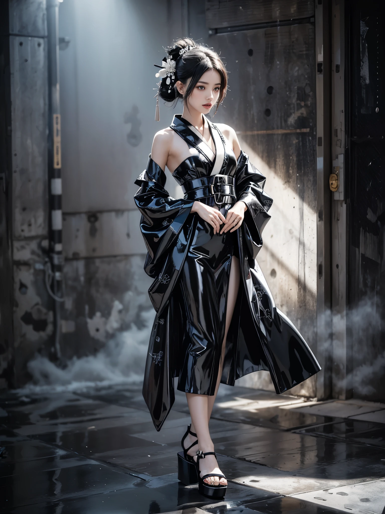 (nsfw), (white and black theme:1.4), (mode fashion:1.4), (fog and mist Blurred background, Perfect and beautiful concrete background:1.4), (Inorganic and nostalgic white lighting:1.4),
//Character
BREAK
1girl, standing, cute ig model, cute model, 22 years old, Tightened all body, (small head, small face:1.2), small mouth, small nose, Sharp Faceline, dropy eyes, Double eyelid, Light color eyes, Glossy eyes, Shiny eyes, Shiny skin, shiny hair, Teeth, Glossy Lips, beautiful Teeth, perfect beautiful fingers and legs,
BREAK (Glossy rubber and latex theme, Kimono Gothic:1.4), Intricately Layered Monochrome Kimono Ensemble with Elaborate Ribbon Details,
Craft a sophisticated ensemble with a complex structure, featuring intricate layers of kimono fabric and elaborate ribbon details,
Layer the kimono with multiple underskirts, each adorned with cascading ribbons in varying widths and textures, creating depth and visual interest,
BREAK
Integrate ribbon accents into the kimono’s design, weaving them through the fabric to create geometric patterns or floral motifs that enhance the overall aesthetic,
Embellish the sleeves, collar, and hemline with oversized bows and ribbon rosettes, adding a touch of whimsy and femininity to the ensemble,
BREAK
Accessorize with a wide obi belt cinched at the waist, featuring ribbon-covered buckles or intricate knotwork for added embellishment,
Complete the ensemble with traditional wooden geta sandals or modern platform heels in coordinating black or white tones,
BREAK random gravure pose、random angle of view、
